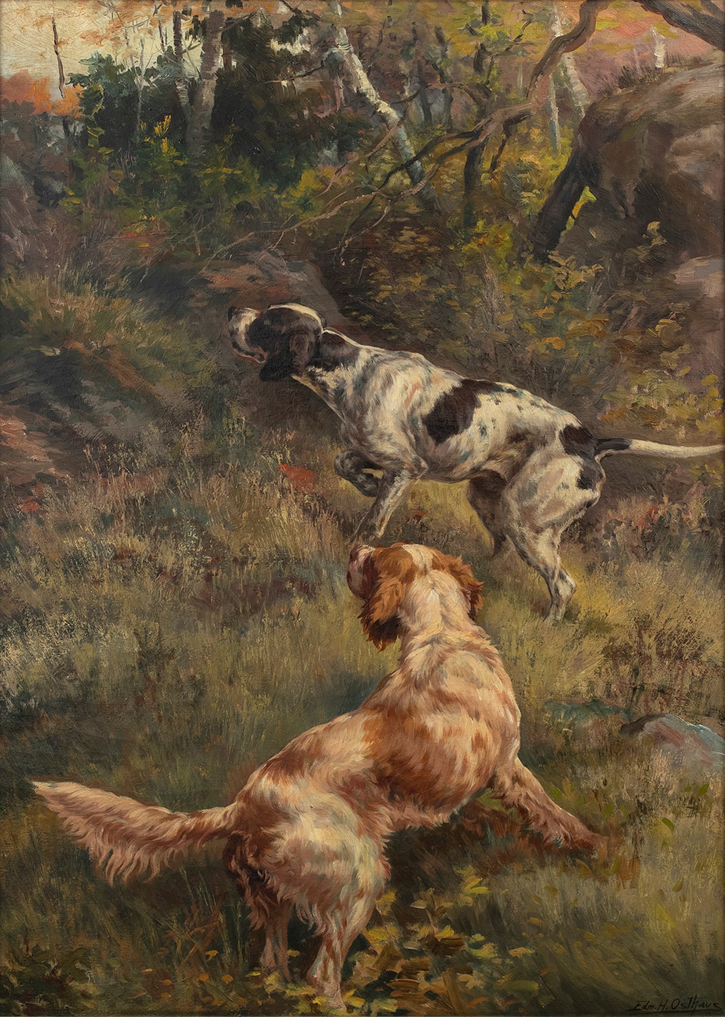 Edmund Henry Osthaus (1858-1928), On Point: Edmund Henry Osthaus (1858-1928) On Point signed "Edm. H. Osthaus" lower right oil on canvas, 34 by 24 in. This painting, depicting a setter and a pointer who have located their quarry, belonged to