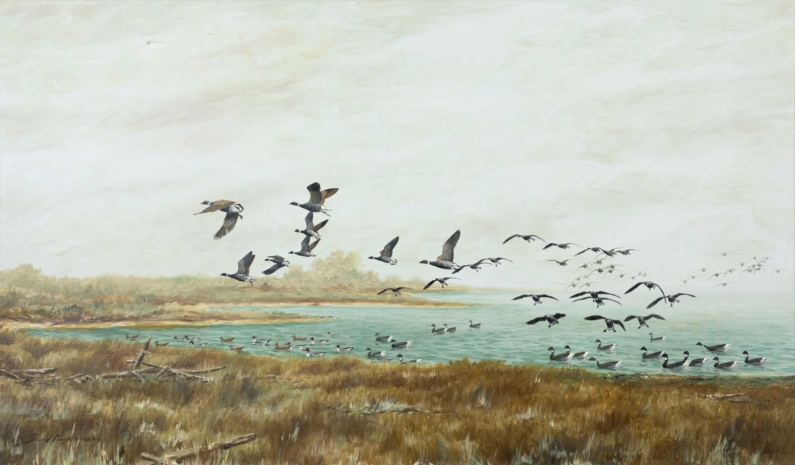David A. Hagerbaumer (1921-2014), Hog Ranch Point - Black Brant: David A. Hagerbaumer (1921-2014) Hog Ranch Point - Black Brant, 1974 signed "David Hagerbaumer" lower left oil on canvas, 22 by 36 in. signed, dated, and titled on back Born in Illinois in 1921,
