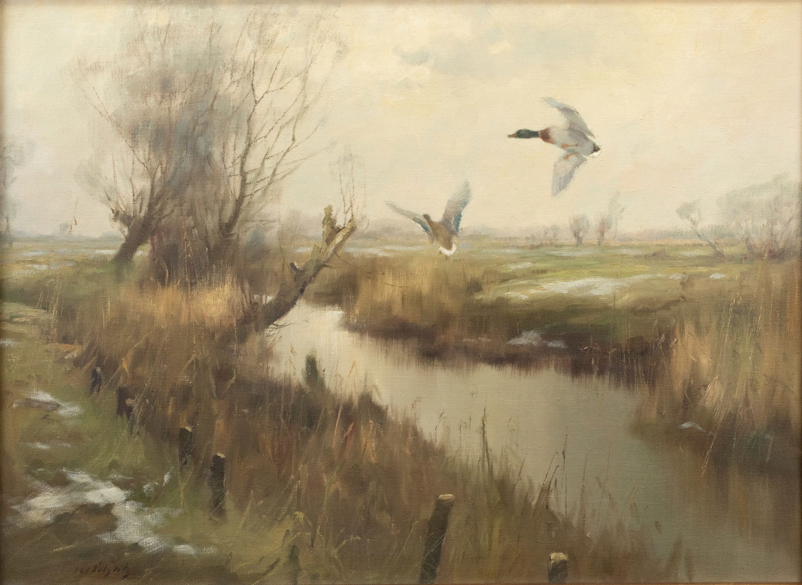 Manfred Schatz (German, 1925-2004), Mallards Pitching In: Manfred Schatz (German, 1925-2004) Mallards Pitching In signed "Schatz" lower left oil on canvas, 23 3/4 by 31 3/4 in. Born in 1925 in Stettin, Germany, Schatz is known for his ability to capture