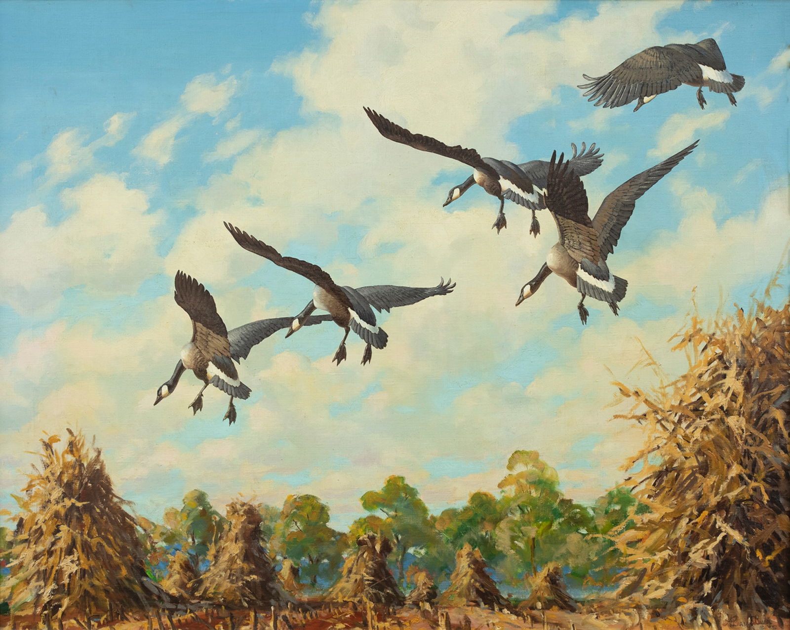 Richard E. Bishop (1887-1975), From a Pit: Richard E. Bishop (1887-1975) From a Pit, 1952 signed and dated "Richard Bishop '52" lower right oil on canvas, 24 by 30 in. signed, titled, and dated on back This work depicts a flock of Canada