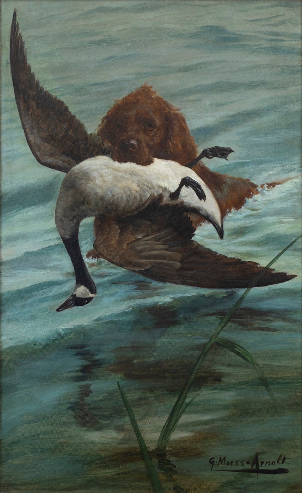 Gustav Muss-Arnolt (1858-1927), Retriever and Canada Goose: Gustav Muss-Arnolt (1858-1927) Retriever and Canada Goose signed "G. Muss-Arnolt" lower right oil on canvas, 26 1/2 by 15 1/2 in. Though not as prolific as Percival Leonard Rosseau or Edmund Henry Ost