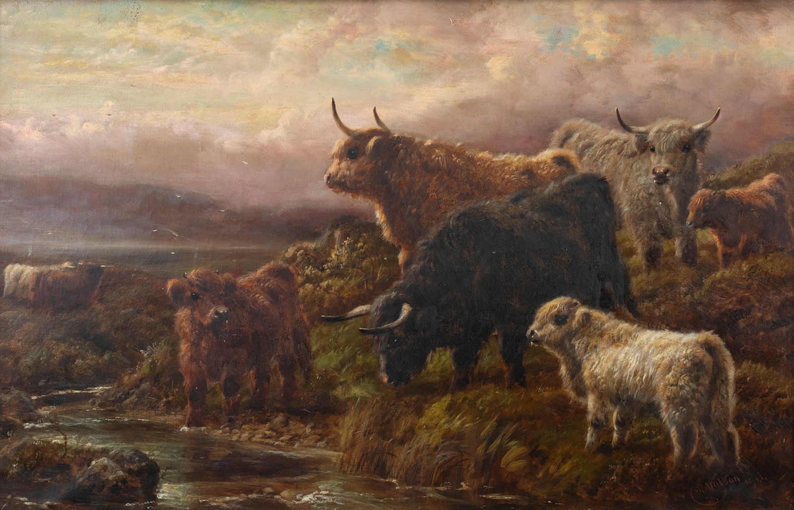 Robert Watson (English, 1855-1921), Cattle in the Highlands: Robert Watson (English, 1855-1921) Cattle in the Highlands, 1913 signed and dated "R. Watson 1913" lower right oil on canvas, 20 by 30 in. Robert William Watson was born to a family of artists that
