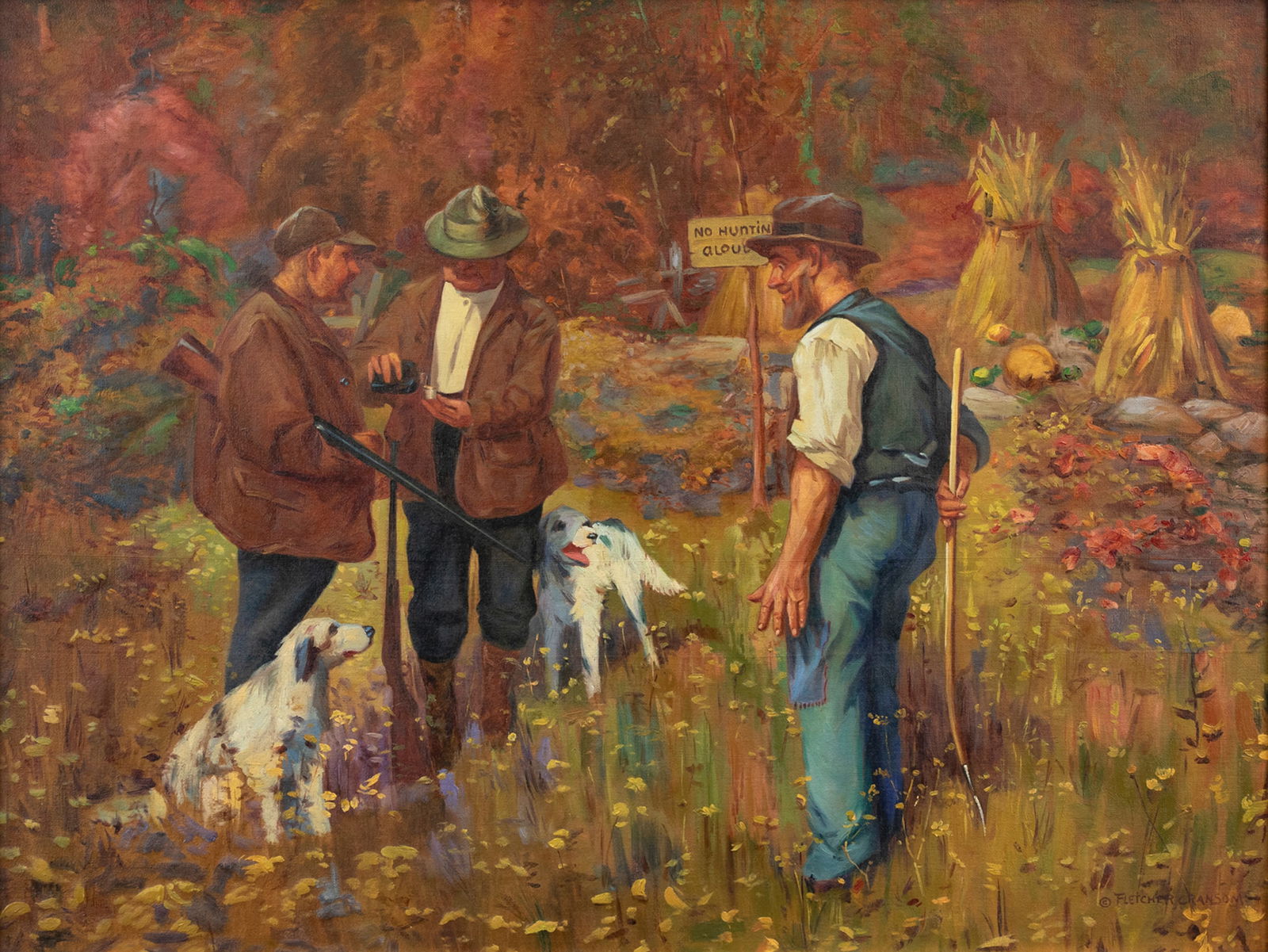 Fletcher Charles Ransom (1870-1943), No Huntin' Aloud: Fletcher Charles Ransom (1870-1943) No Huntin' Aloud signed "(c) Fletcher C. Ransom" lower right oil on canvas, 22 by 28 in. Two upland bird hunters offer a landowner a peace offering. Provenance: