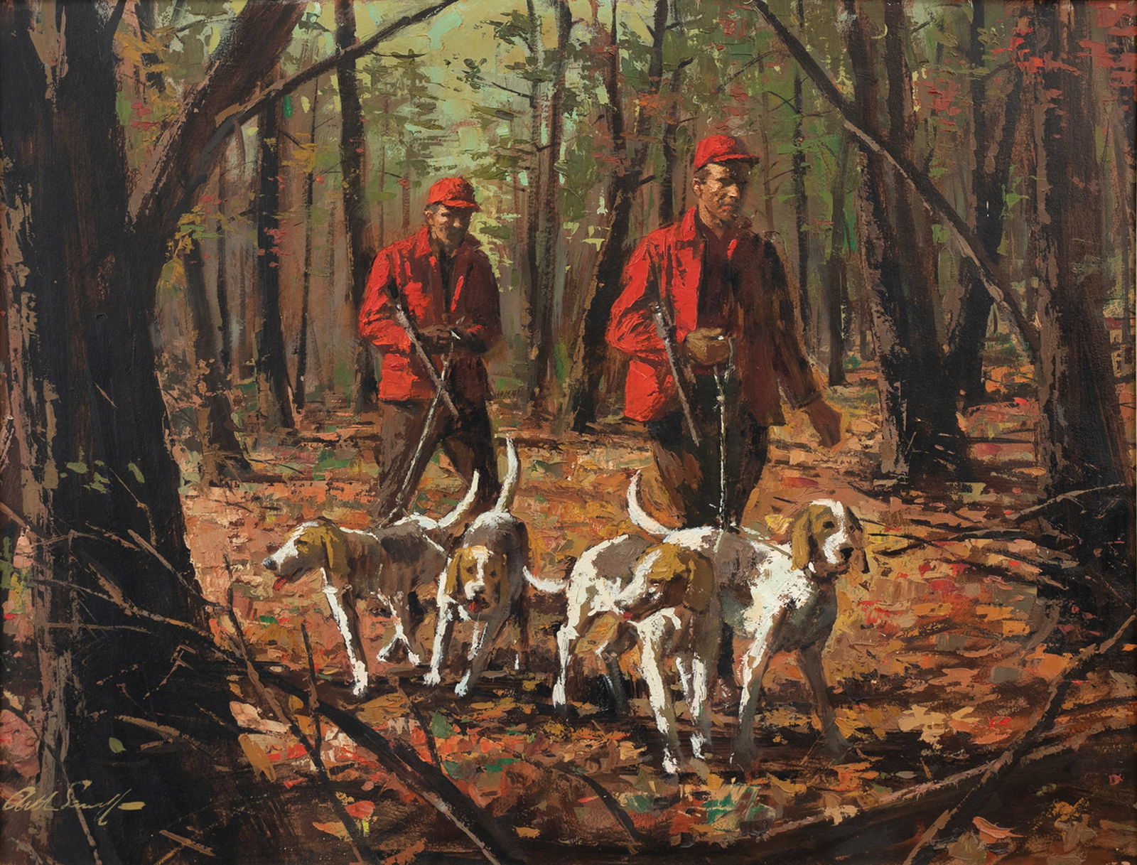 Arthur Sarnoff (1912-2000), Hunters with Hounds: Arthur Sarnoff (1912-2000) Hunters with Hounds signed "Arthur Sarnoff" lower left oil on Masonite, 22 by 28 in. Provenance: Private Collection, Virginia Robert S. Doochin Collection, acquired from