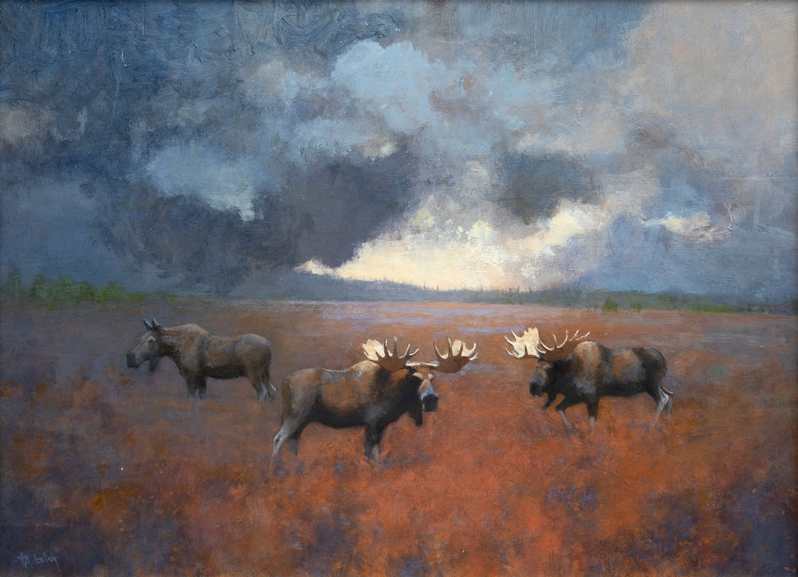 Thomas Aquinas Daly (b. 1937), Tundra Storm Clouds - Moose: Thomas Aquinas Daly (b. 1937) Tundra Storm Clouds - Moose, 2022 signed "ta daly" lower left oil on board, 18 by 24 in. signed and titled on back Daly crafted this atmospheric wildlife painting over ti