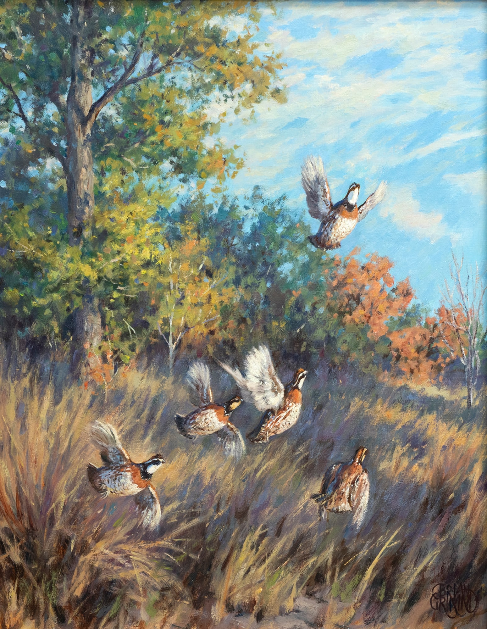 Brian Grimm (b. 1968), Fall Flash - Bob White Quail: Brian Grimm (b. 1968) Fall Flash - Bob White Quail signed "Brian Grimm" lower right oil on board, 20 by 16 in. "In a flash, a small bobwhite covey breaks the silence of a late afternoon, only to