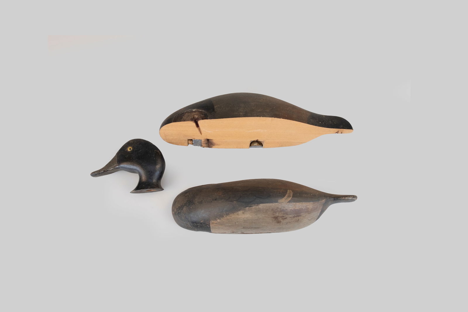 Bluebill Cut in Half by Stevens Factory: Bluebill Cut in Half Stevens Factory Weedsport, NY, c. 1870 13 1/2 in. long Henry Bishop and Dr. Peter Muller, the author of "The Stevens Brothers" book, were good friends. It is believed that they