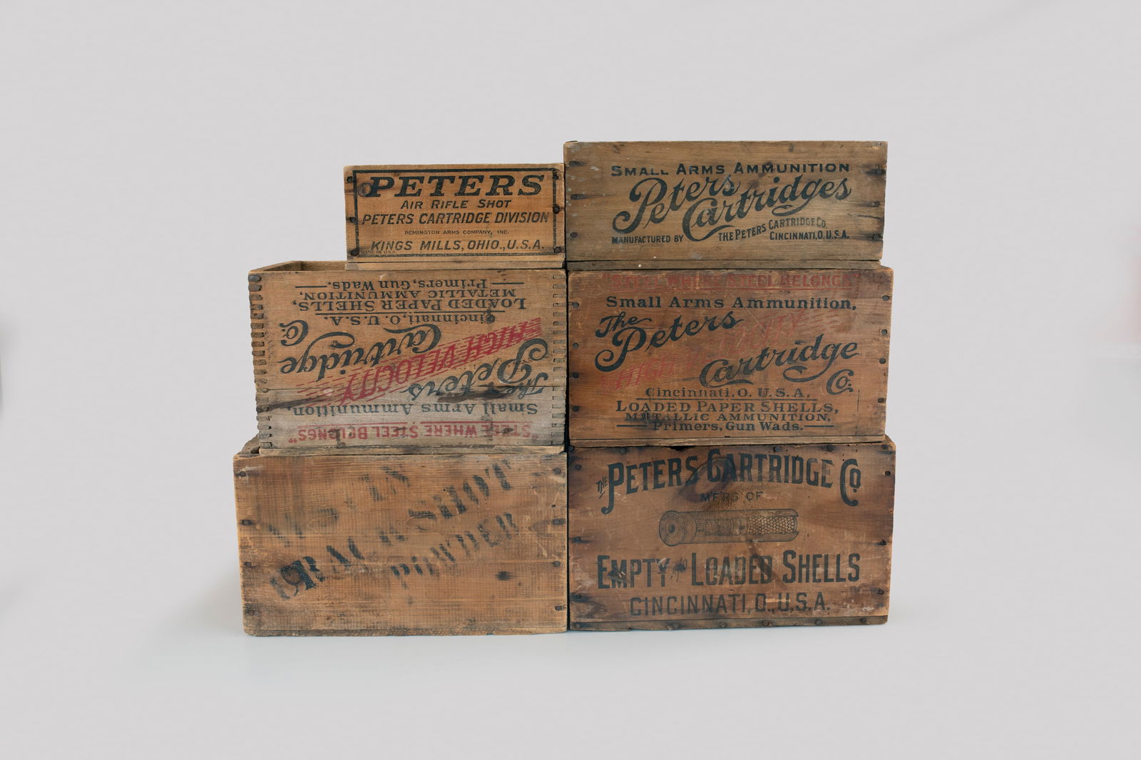 Six Ohio Shell Crates: Six Ohio Shell Crates Ohio largest is 9 by 9 3/4 by 15 1/4 in. One Austin Cartridge Co. crate that appears to be 12 gauge. Five Peters crates, including a .410, 16 gauge, 20 gauge, 12 gauge, and air