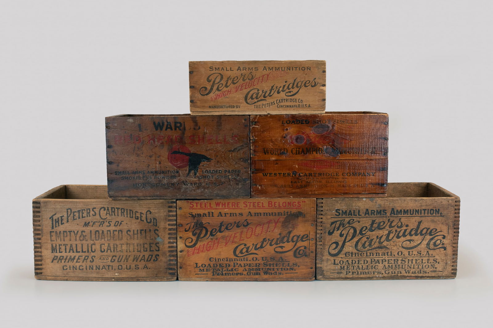 Six Shell Crates: Six Shell Crates largest is 9 by 9 3/4 by 15 1/4 in. Four Peters crates, including a .410, 10 gauge, 12 gauge quick shot, and 12 gauge high velocity. One Winchester Co. 12 gauge crate and one Wards