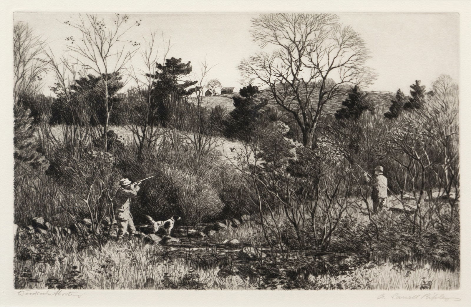 Aiden Lassell Ripley (1896-1969), Woodcock Shooting: Aiden Lassell Ripley (1896-1969) Woodcock Shooting signed "A. Lassell Ripley" lower right etching, 8 3/4 by 14 in. titled lower left Two hunters aim at a woodcock flying over a brook while their