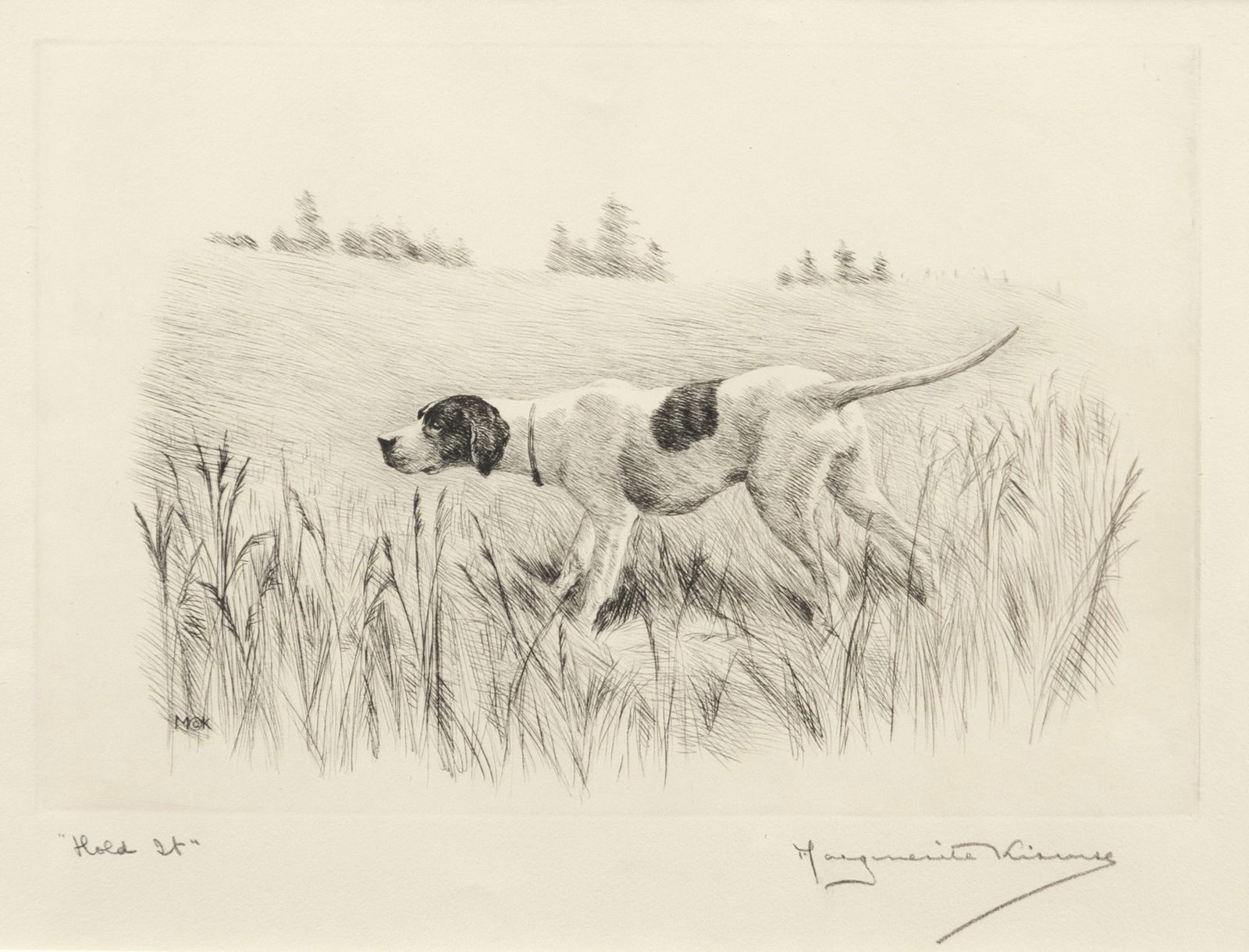 Marguerite Kirmse (1885-1954), Two Etchings: Marguerite Kirmse (1885-1954) Two Etchings "Three of the Finest," c. 1935 signed "Marguerite Kirmse" lower right etching, 7 1/4 by 9 3/4 in. framed, 14 1/4 by 16 1/4 in. edition of 100 titled lower