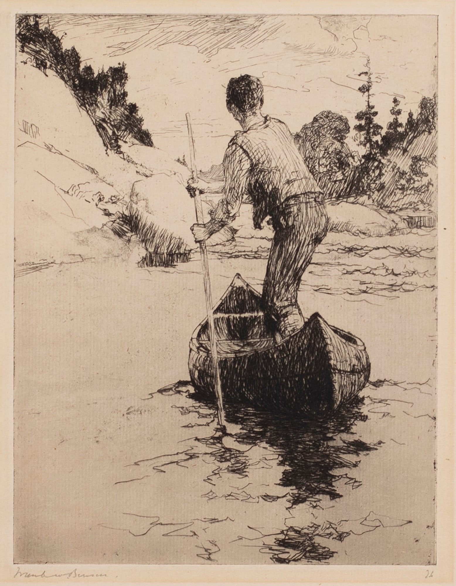 Frank W. Benson (1862-1951), Canoeman: Frank W. Benson (1862-1951) Canoeman, 1919 signed "Frank W. Benson" lower left etching, 8 by 6 in. Paff #161, edition 26 of 150 unframed, sheet is 11 by 9 in.