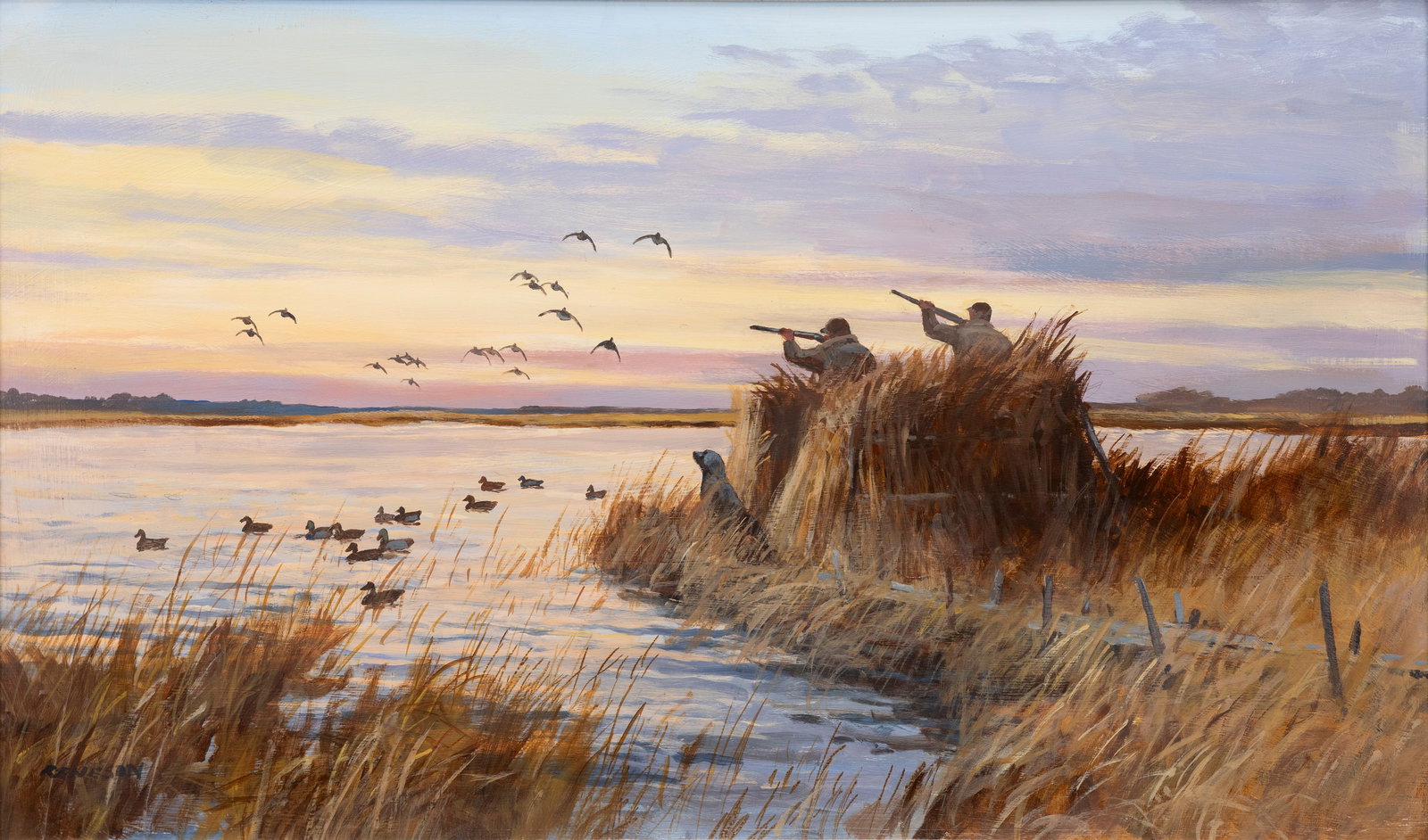 Chet Reneson (b. 1934), Here They Come- Duck Hunting: Chet Reneson (b. 1934) Here They Come- Duck Hunting signed "Reneson" lower left acrylic on board, 21 by 35 in. Two hunters rise from their blind and shoulder their guns at the approaching flock of loc