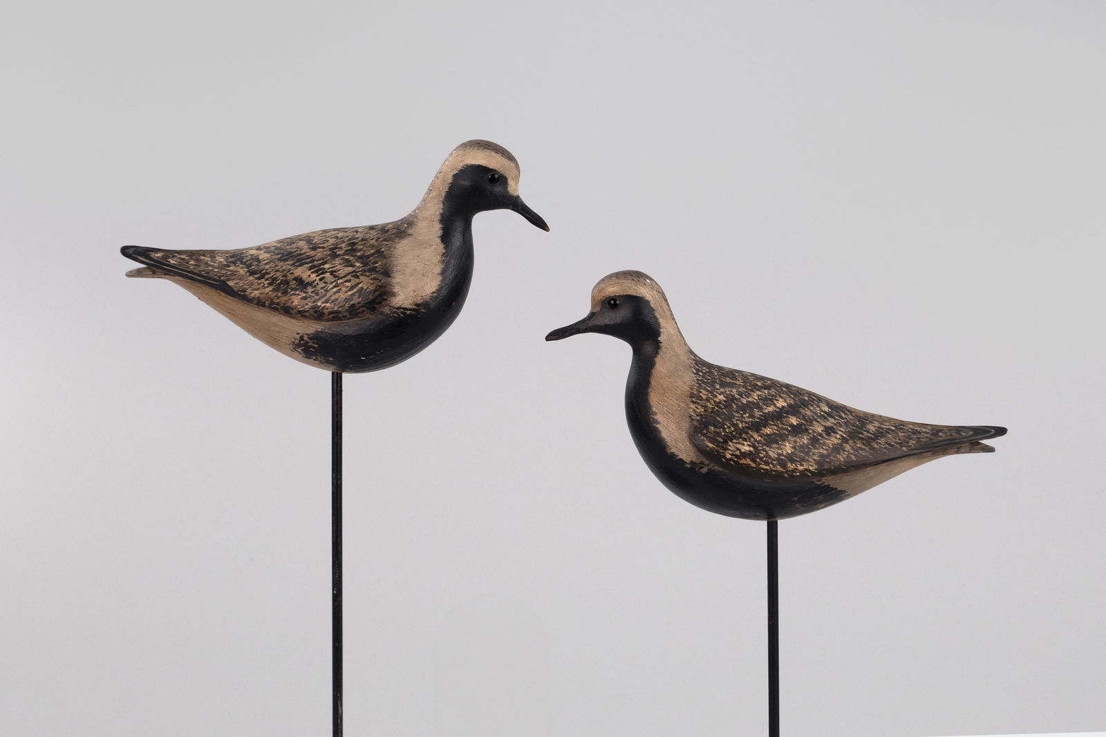 Black-Bellied Plover Pair by William Gibian (b. 1946): Black-Bellied Plover Pair William Gibian (b. 1946) Onancock, VA 11 in. long One carving is signed by the maker with an incised "GIBIAN," while the other is signed with an incised cursive "g" on the un