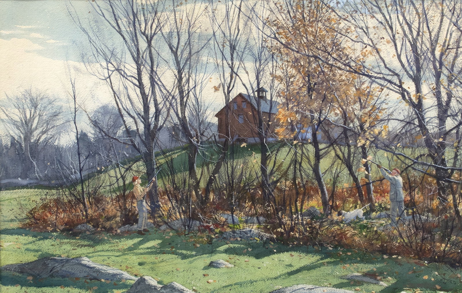 Aiden Lassell Ripley (1896-1969), Woodcock Hunting: Aiden Lassell Ripley (1896-1969) Woodcock Hunting signed "A. Lassell Ripley" lower left watercolor, 19 by 29 1/2 in. A classic upland scene, with hunters taking aim at the alighting woodcock in the ce