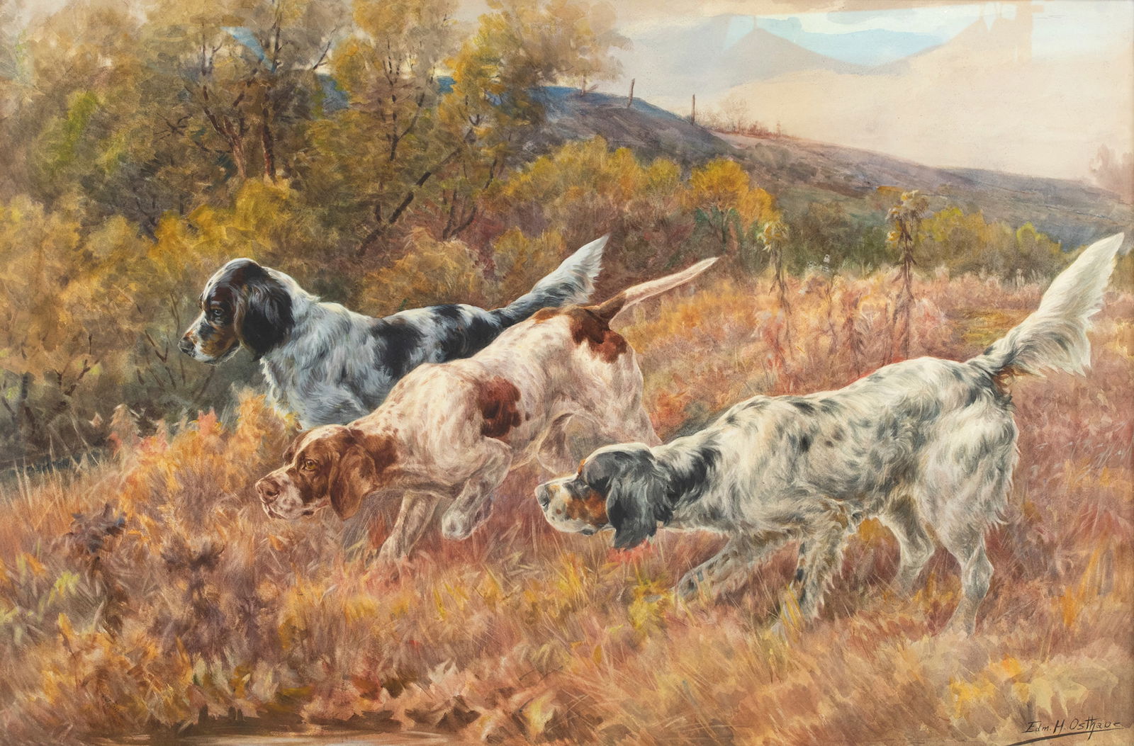 Edmund Henry Osthaus (1858-1928), Two Setters and a Pointer on Point: Edmund Henry Osthaus (1858-1928) Two Setters and a Pointer on Point signed "Edm. H. Osthaus" lower right watercolor, 25 1/2 by 39 in. Edmund Henry Osthaus was born in Hildesheim, Germany, in 1858, the