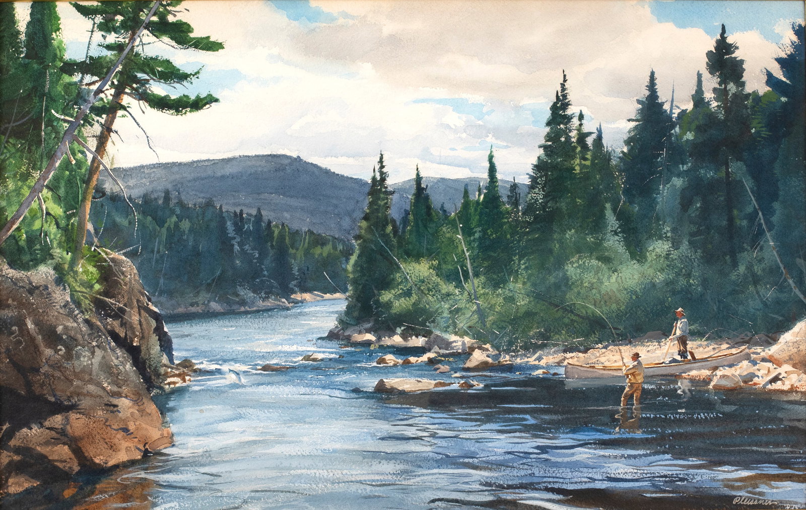 Ogden M. Pleissner (1905-1983), First Leap: Ogden M. Pleissner (1905-1983) First Leap signed "Pleissner" lower right watercolor, 17 1/2 by 27 1/2 in. "First Leap" depicts the exhilarating first moments after hooking a wild Atlantic salmon. The