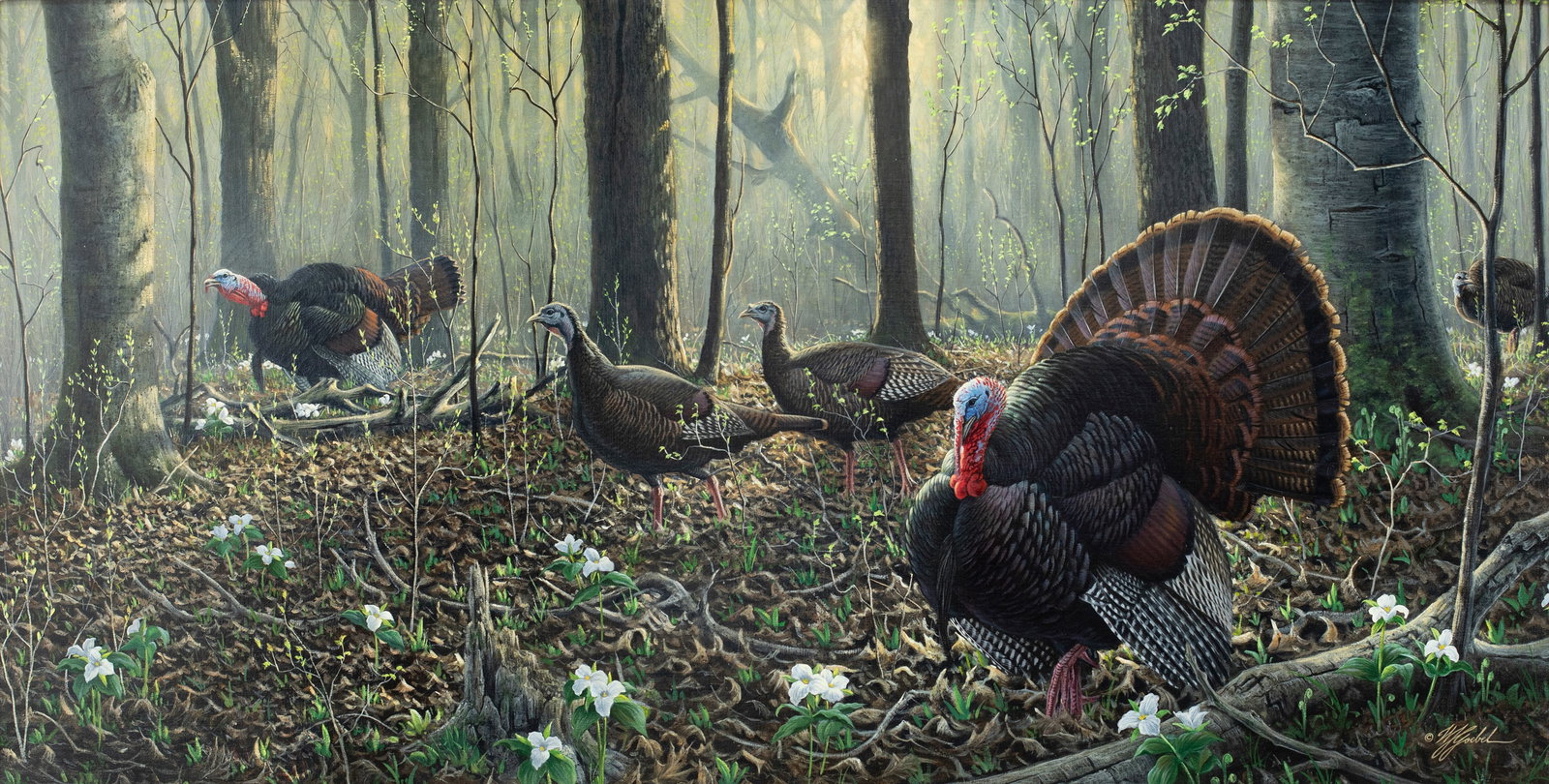 Wilhelm J. Goebel (b. 1960), Turkeys: Wilhelm J. Goebel (b. 1960) Turkeys signed "(c) W.J. Goebel" lower right oil on canvas 24 by 48 in. Born and raised in New Jersey, Wilhelm Goebel attended Ithaca College where he studied biology.