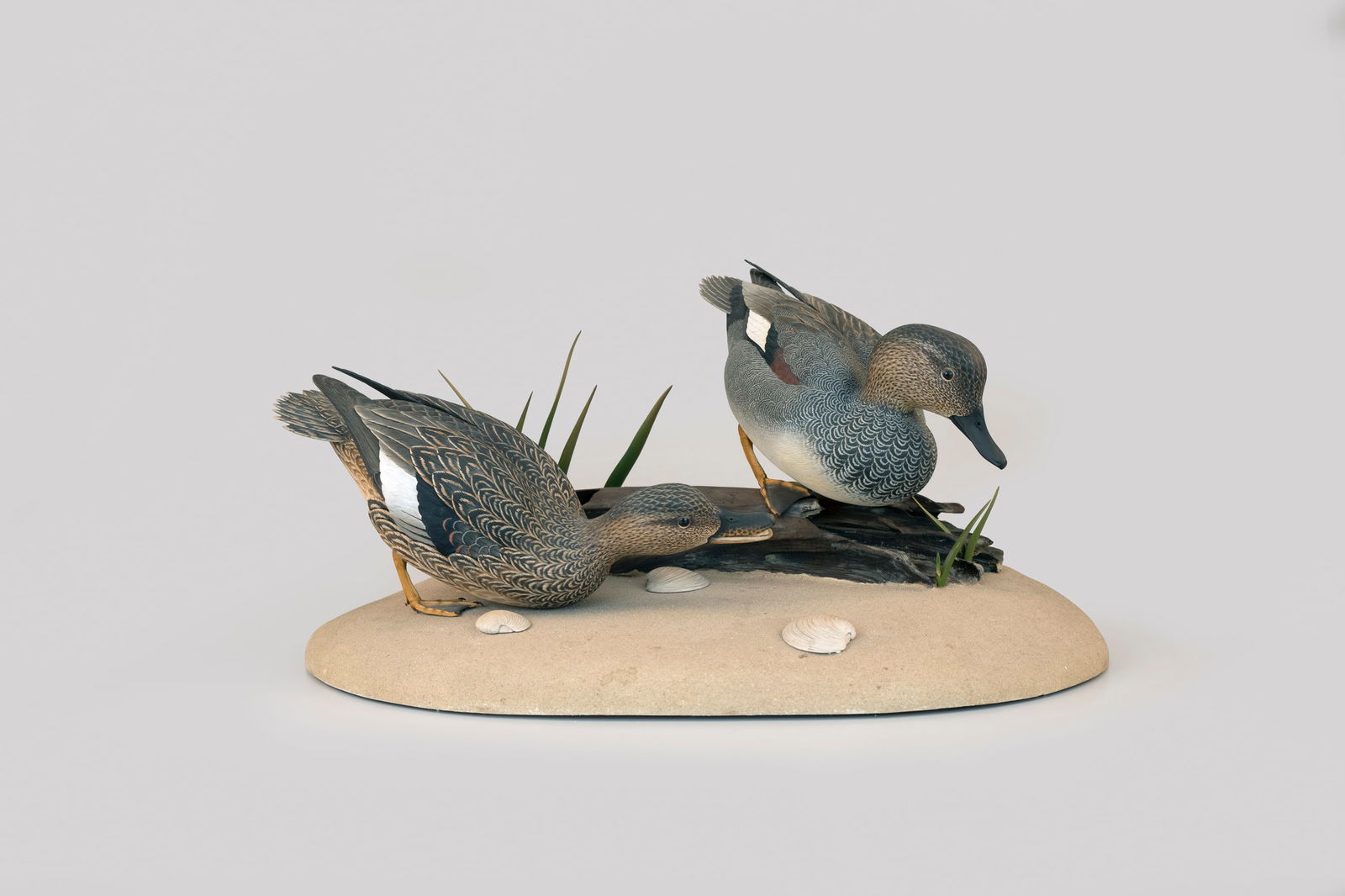 Gadwall Pair by Oliver "Tuts" Lawson (b. 1938): Gadwall Pair Oliver "Tuts" Lawson (b. 1938) Crisfield, MD, 1977 13 in. tall, 24 in. long, 17 in. wide This is among Lawson's most accomplished and refined decorative works. It features a dynamic