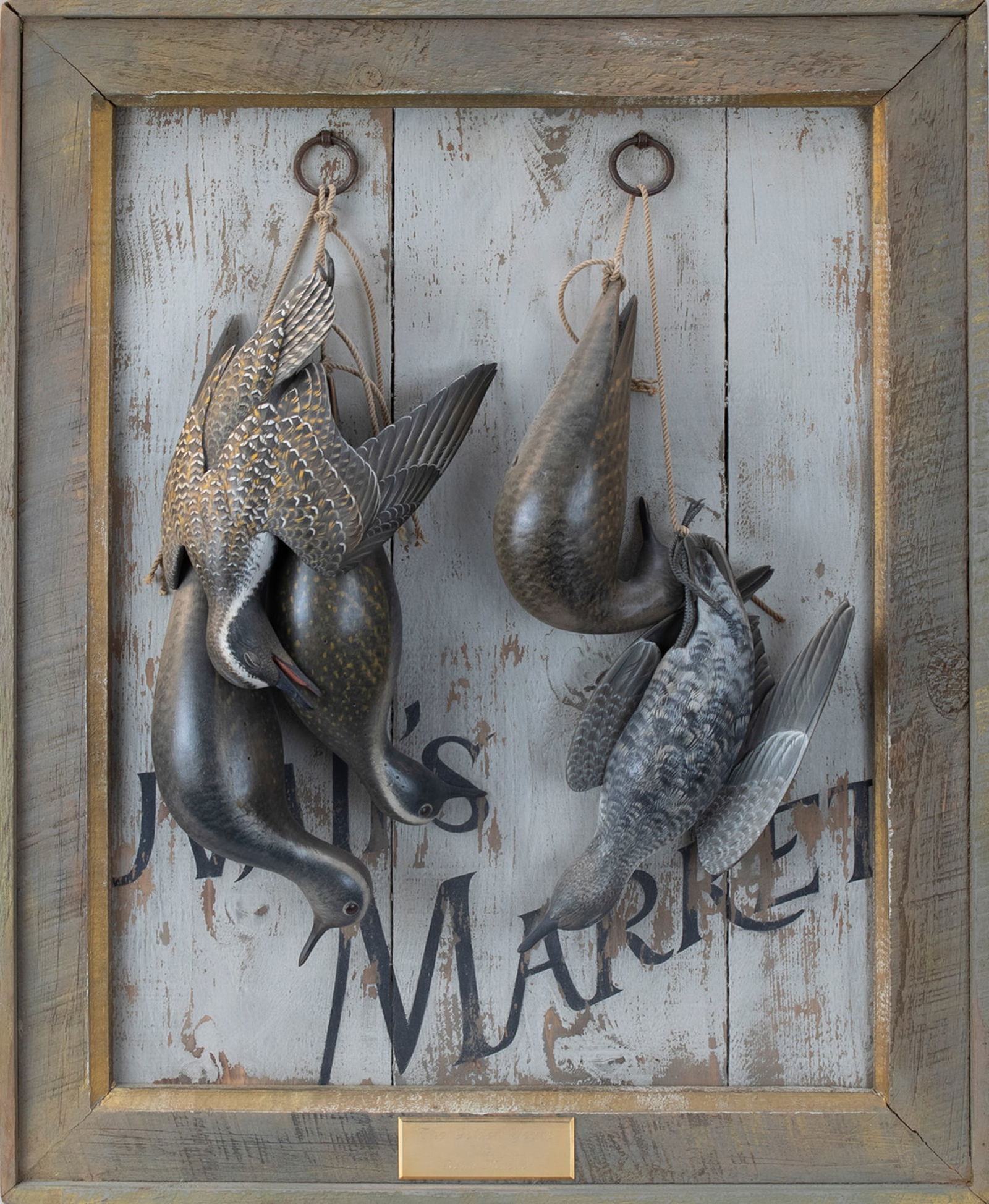 "The Golden Years" Golden Plover by Keith Mueller (b. 1956): "The Golden Years" Golden Plover Keith Mueller (b. 1956) Killingworth, CT 19 in. tall, 22 3/4 in. wide, 4 in. deep Five hanging carved golden plover affixed to a sign and titled "The Golden Years." Th