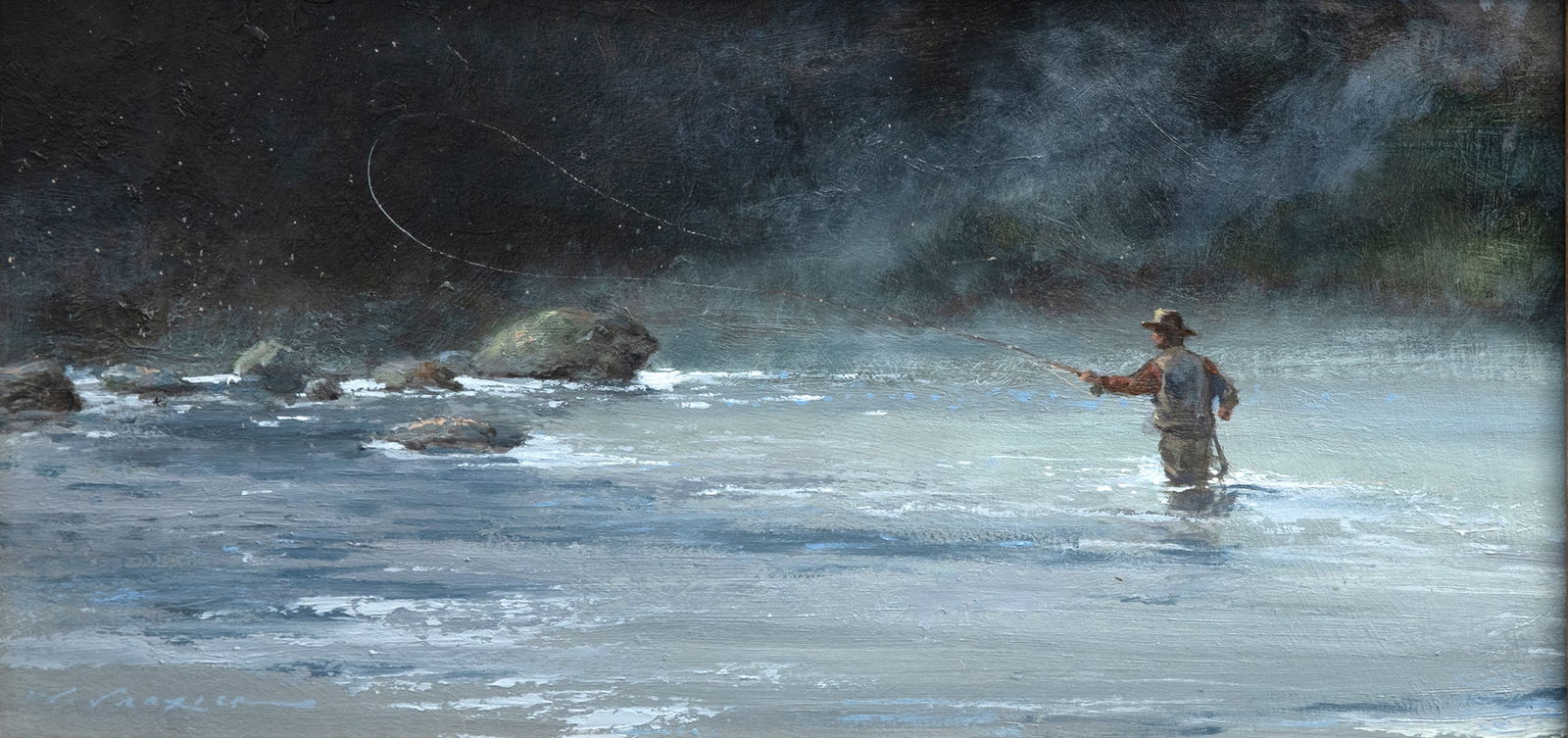 Luke Frazier (b. 1970), Misty Hatch: Luke Frazier (b. 1970) Misty Hatch signed "l. frazier" lower left oil on board, 8 by 16 in. The sinuous curve of the line in the air draws the viewer's eye through this atmospheric depiction of fly fi