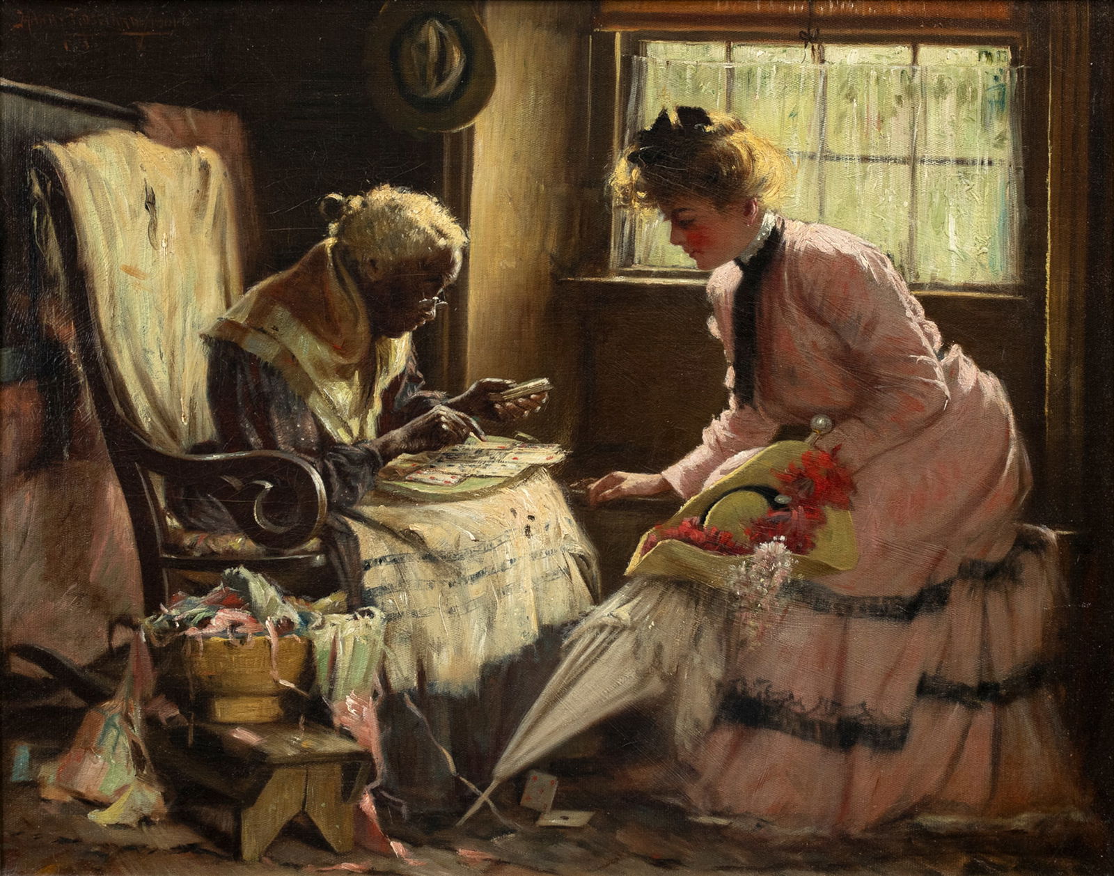 Harry Roseland (c. 1867-1950), Card Reading: Harry Roseland (c. 1867-1950) Card Reading, 1901 signed and dated "Harry Roseland 1901" upper left oil on canvas, 18 by 22 in. Harry Roseland was a Brooklyn-based artist who specialized in popular gen