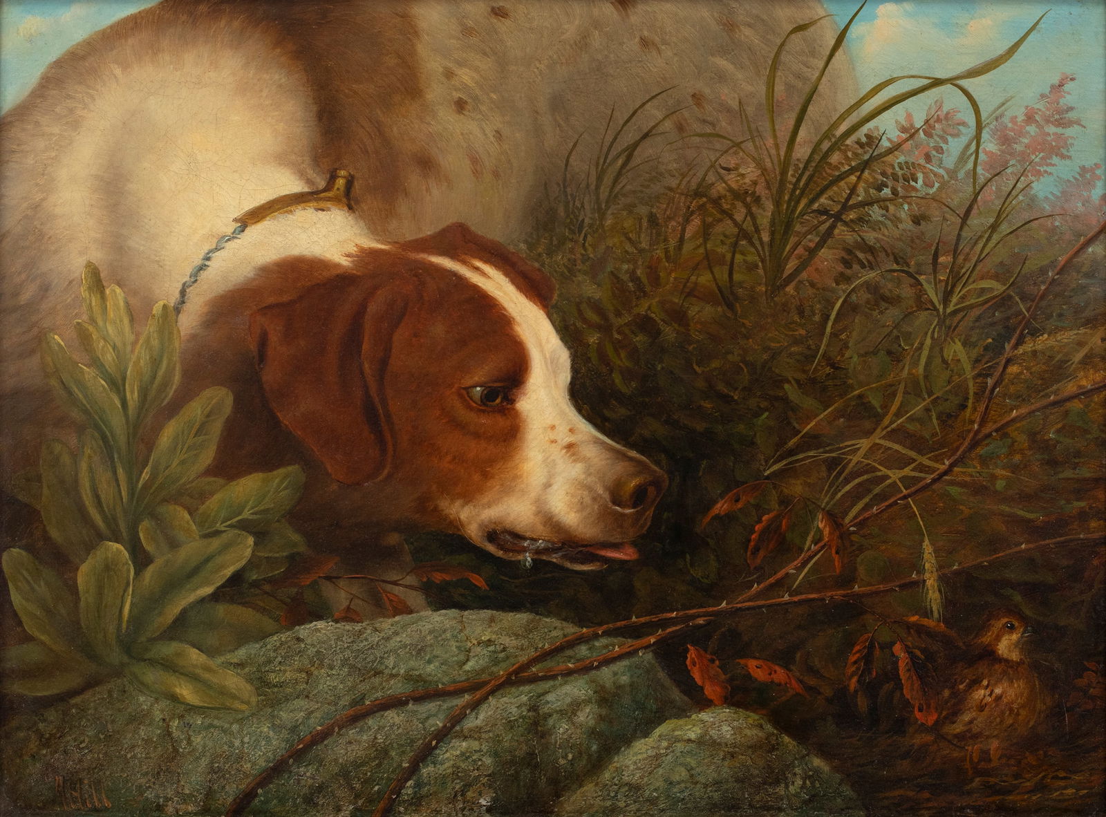 Howard L. Hill (1822-1888), Setter and Quail: Howard L. Hill (1822-1888) Setter and Quail signed "H. Hill" lower right oil on canvas, 18 by 24 in. Howard Hill was Norman Rockwell's grandfather, who immigrated to the United States in the 1860s. Fr