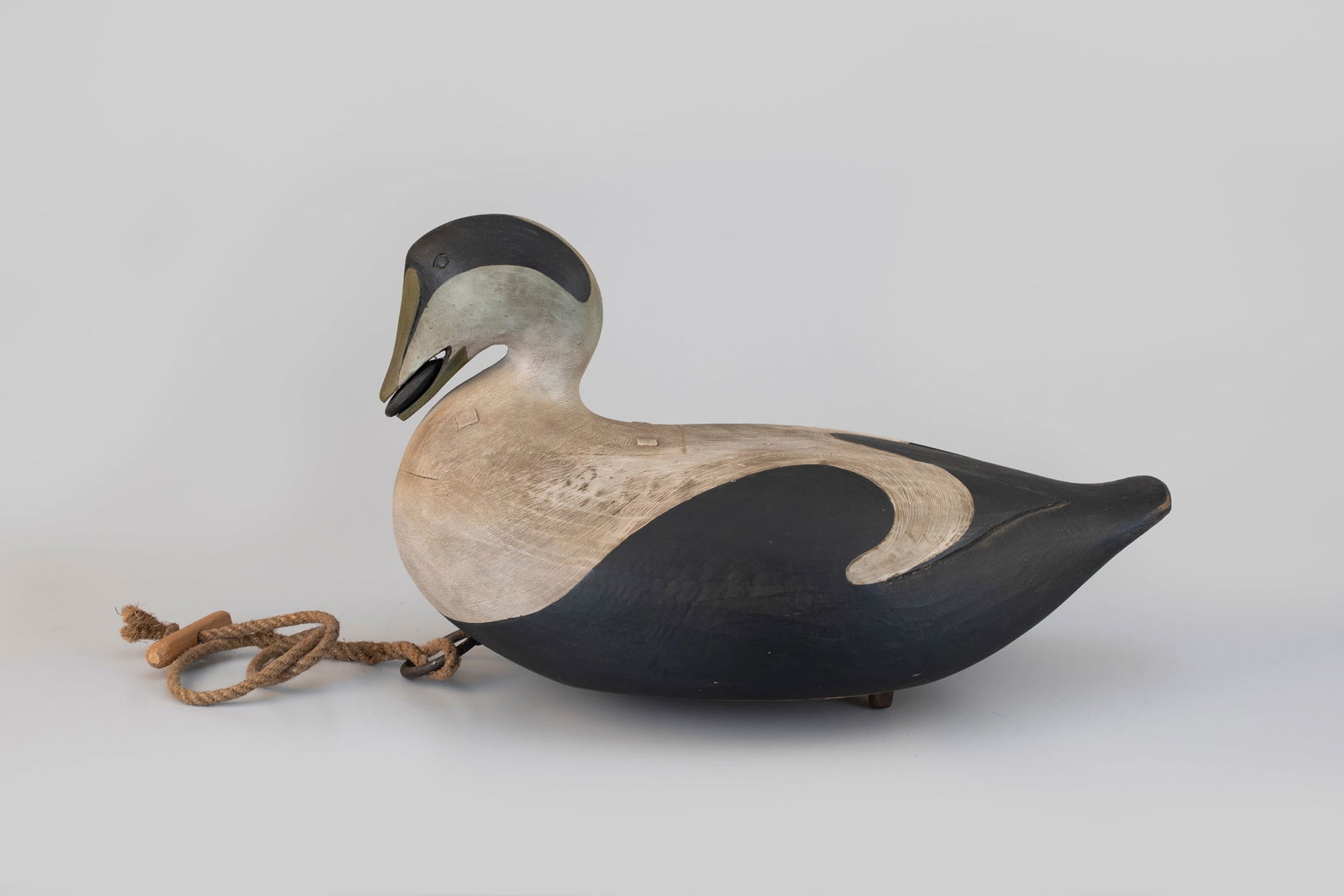 Oversize Mussel-Munching Eider by Marty Collins (b. 1960): Oversize Mussel-Munching Eider Marty Collins (b. 1960) East Wareham, MA 22 in. long Carving bears an inletted head and a horseshoe weight on the underside. Original paint with light wear. Provenance: