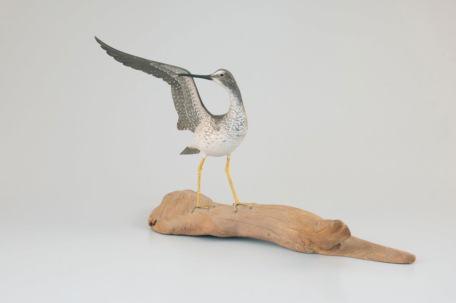 Yellowlegs by Mark Holland: Yellowlegs Mark Holland Brewster, MA, 1974 21 in. long, 14 in. tall A preening yellowlegs gripping a feather in its bill mounted on a driftwood base. The base is signed and dated by the artist. Origin