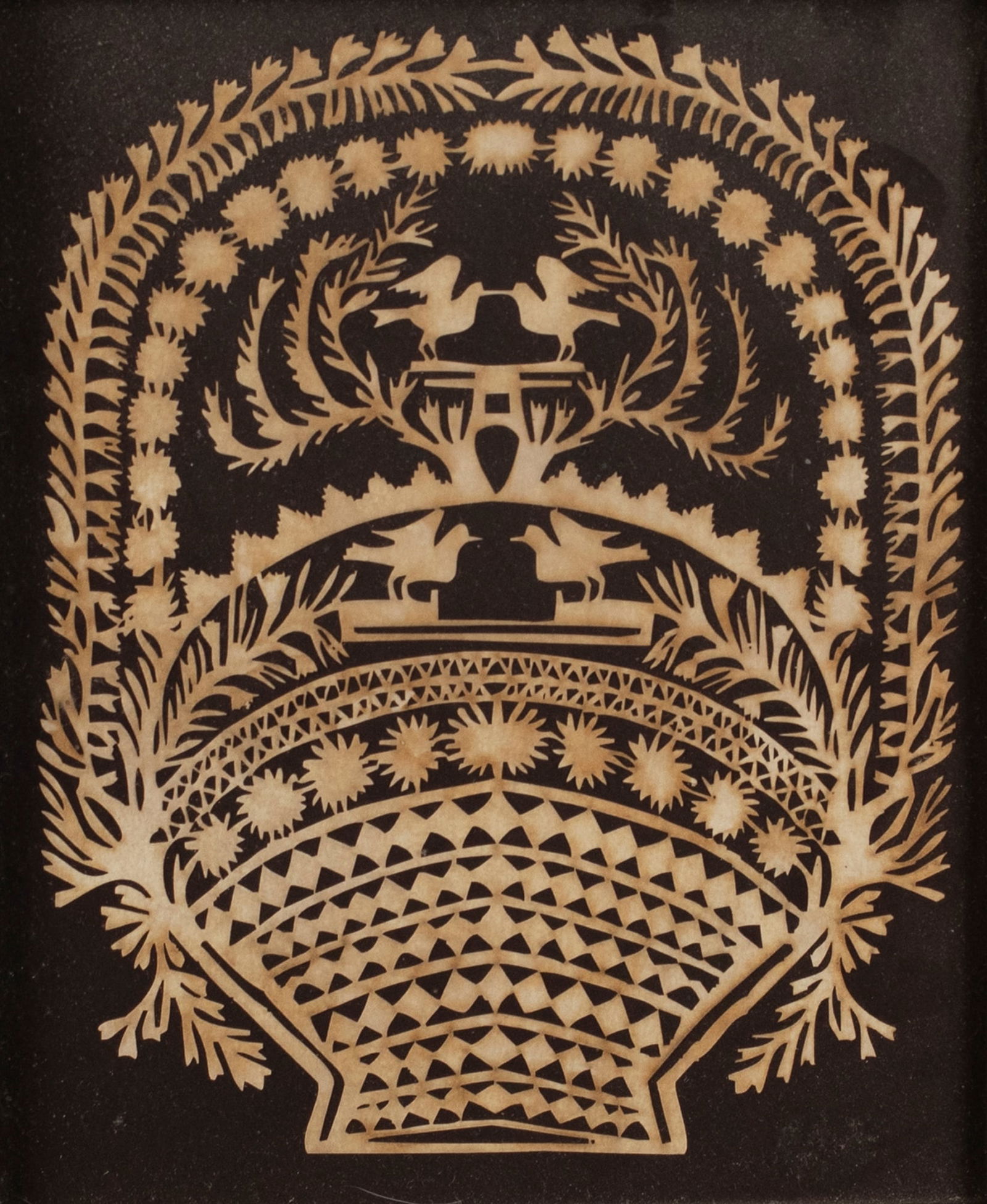 Scherenschnitte Paper Cutting of Basket, Patterned Basket with Birds: Scherenschnitte Paper Cutting of Basket Patterned Basket with Birds paper, 8 3/4 by 6 3/4 in. framed, 12 by 10 in.