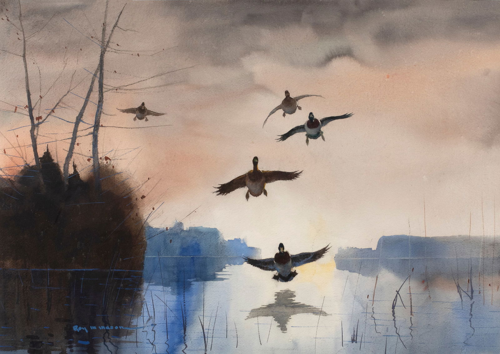 Roy Martell Mason (1886-1972), Mallards in a Marsh: Roy Martell Mason (1886-1972) Mallards in a Marsh signed "Roy M. Mason" lower left watercolor, 21 1/2 by 29 1/2 in. Mason, whose father was a farmer and engraver, came to art early in life. He