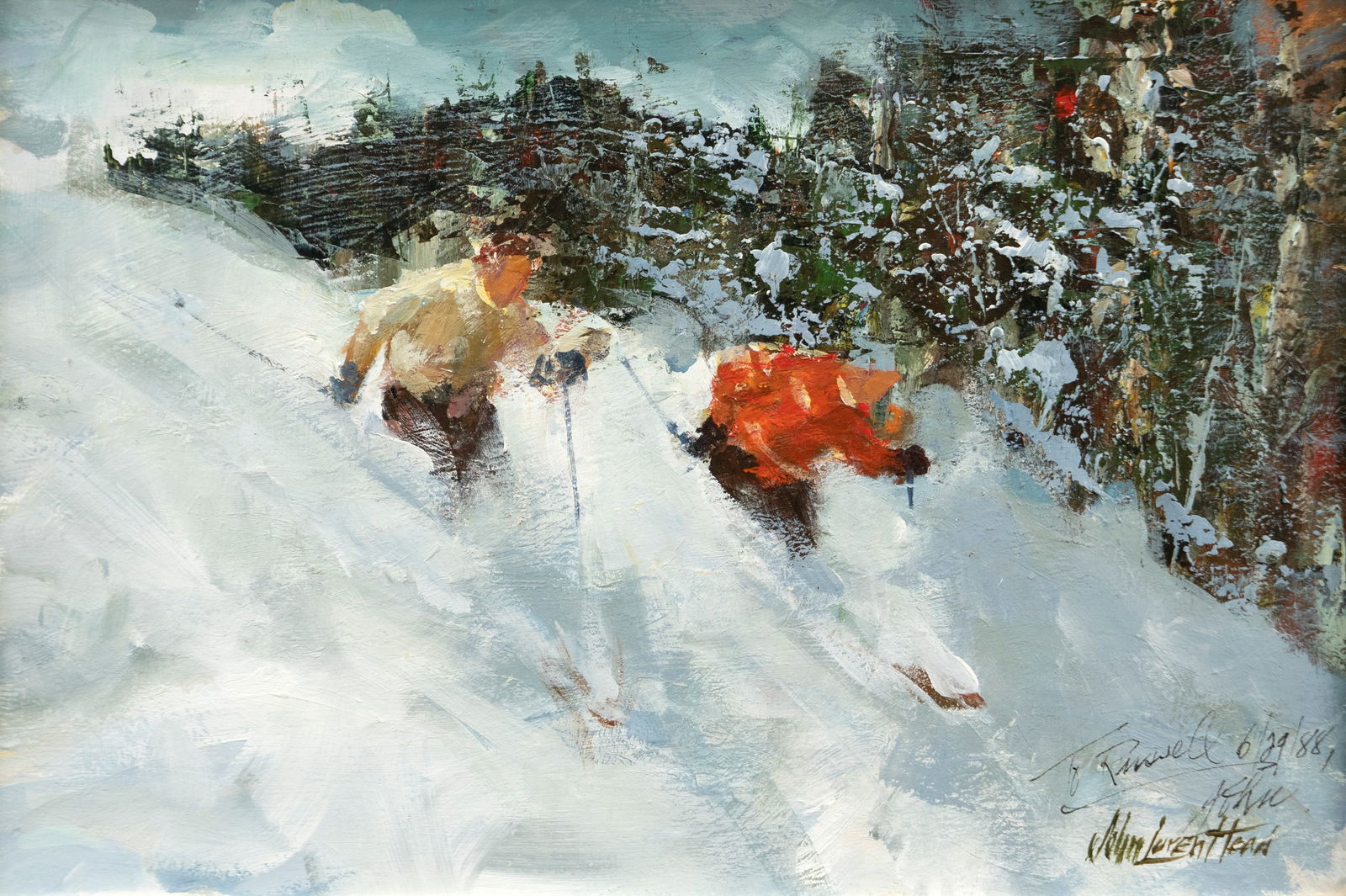 John Loren Head (1913-1997), New Powder: John Loren Head (1913-1997) New Powder, 1988 signed "John Loren Head" lower right oil on canvas, 11 by 16 in. inscribed "To Russell 6/29/88, John" lower right Two skiers race down the mountain on a dr