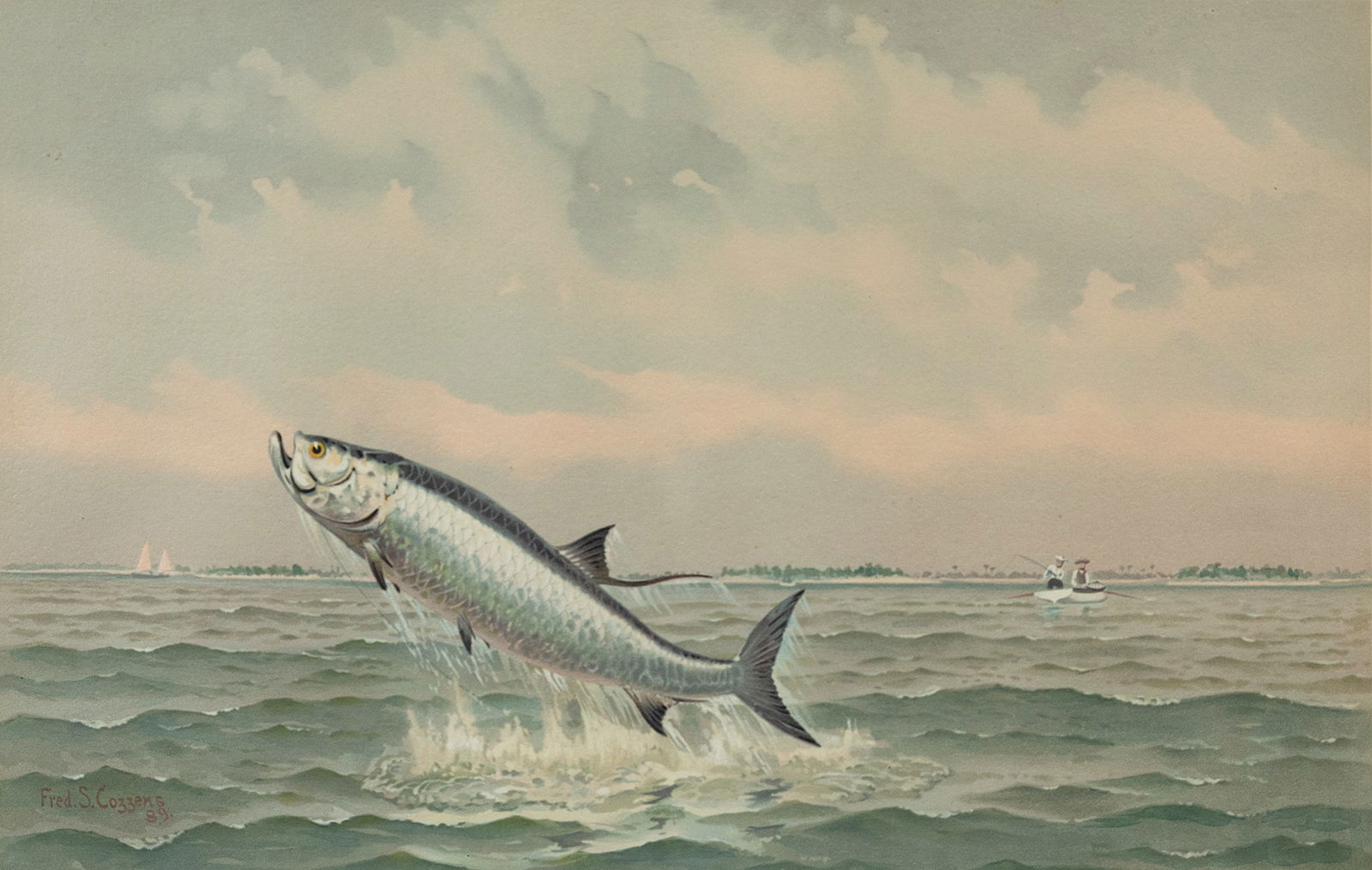 Fred S. Cozzens (1846-1928), Leaping Tarpon: Fred S. Cozzens (1846-1928) Leaping Tarpon, c. 1889 signed "Fred S. Cozzens" in plate lower left lithograph, 12 by 18 in. printed "Copyright 1889 by Bradlee Whidden." A lithograph of early tarpon fish