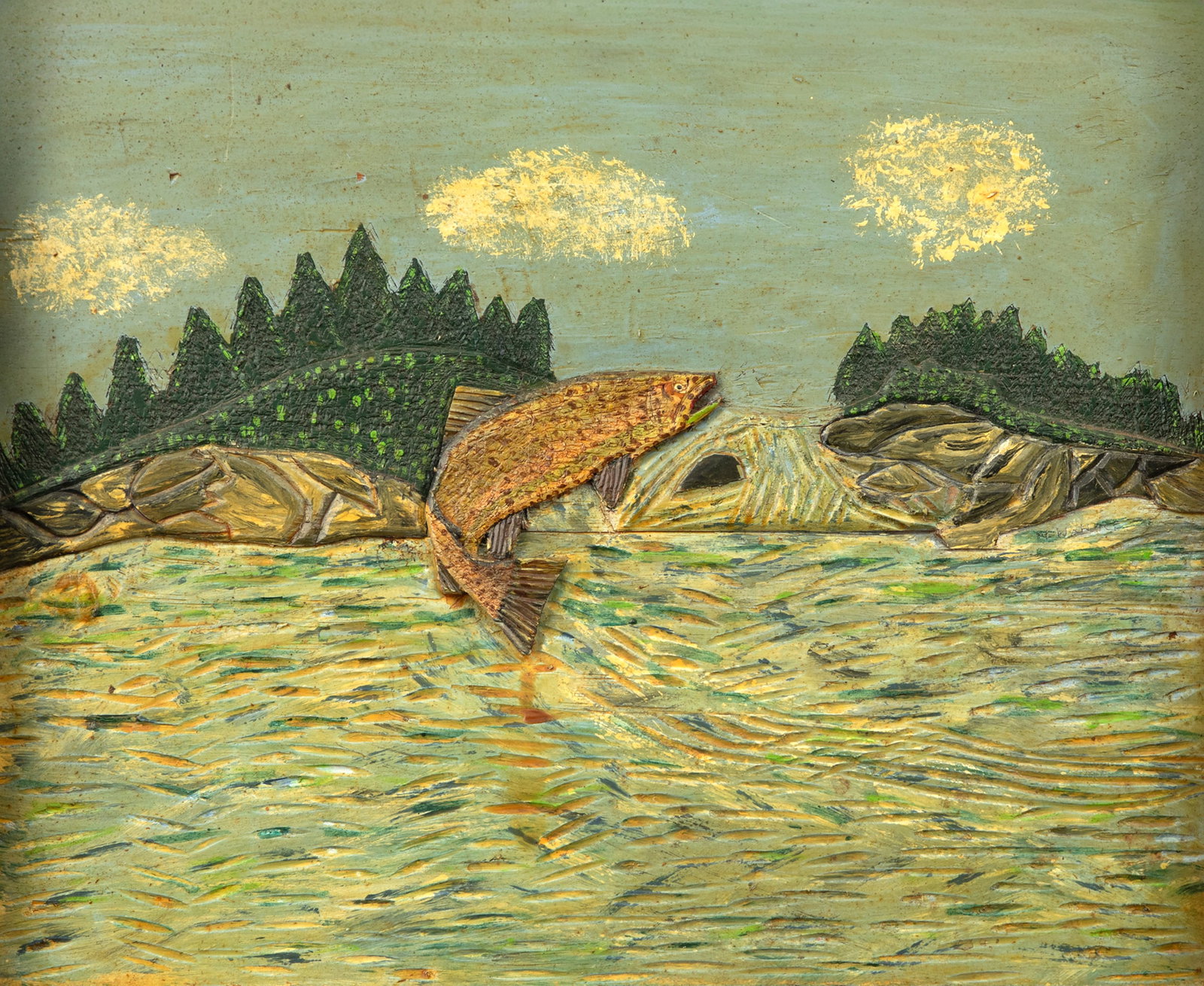 Trout Relief Carving, Al Wahace: Trout Relief Carving Al Wahace 15 by 17 1/2 in. A folk art relief carving of a leaping trout. The maker's incised signature is seen in the center right. Original with yellowed varnish and surface