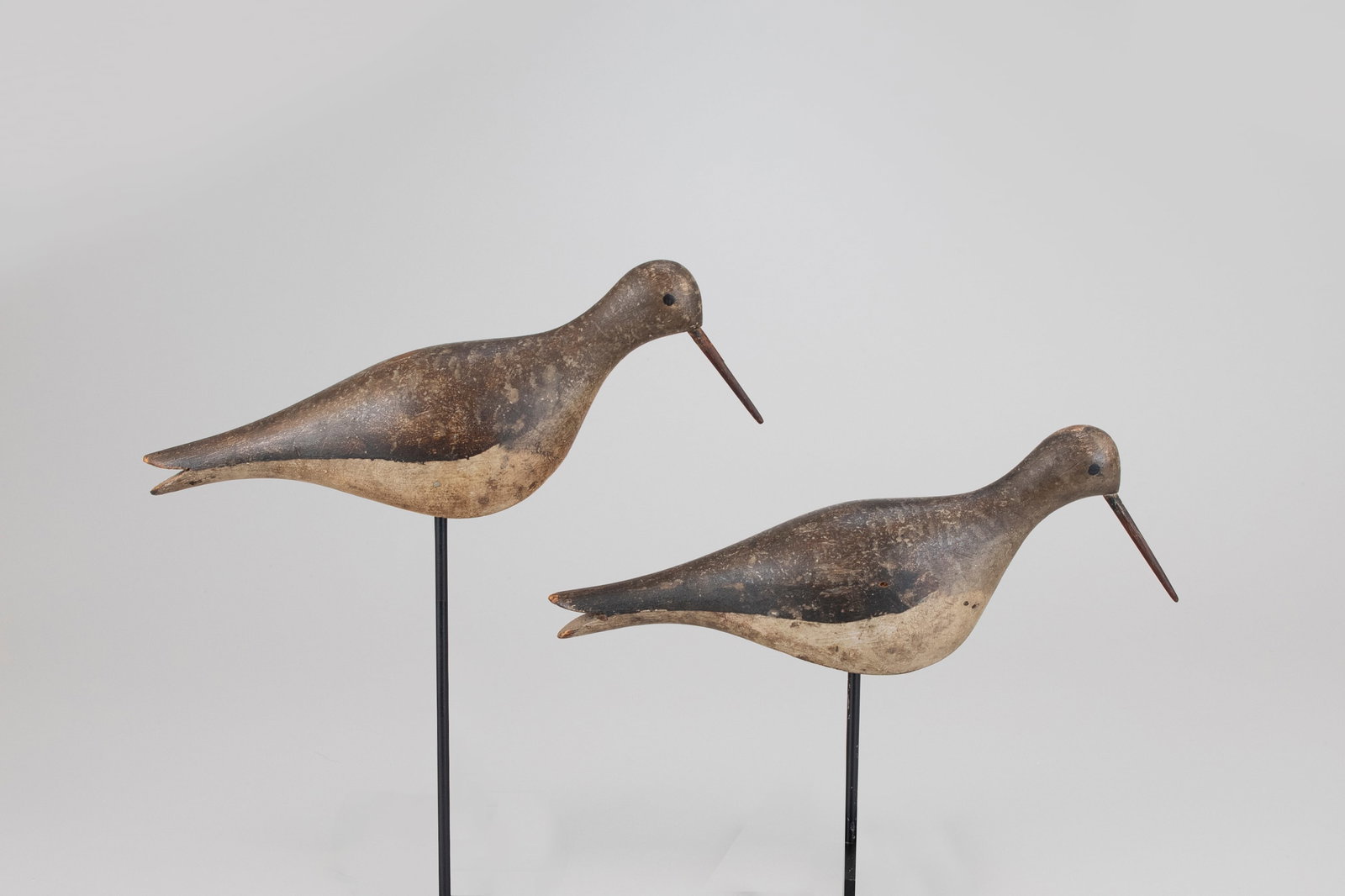 Important Nantucket Wind-Bird Willet Pair: Important Nantucket Wind-Bird Willet Pair Nantucket, MA, c. 1900 12 in. long This featherweight pair of willet is hollowed out from the bottom, with wood even removed from the neck and tail. This grac