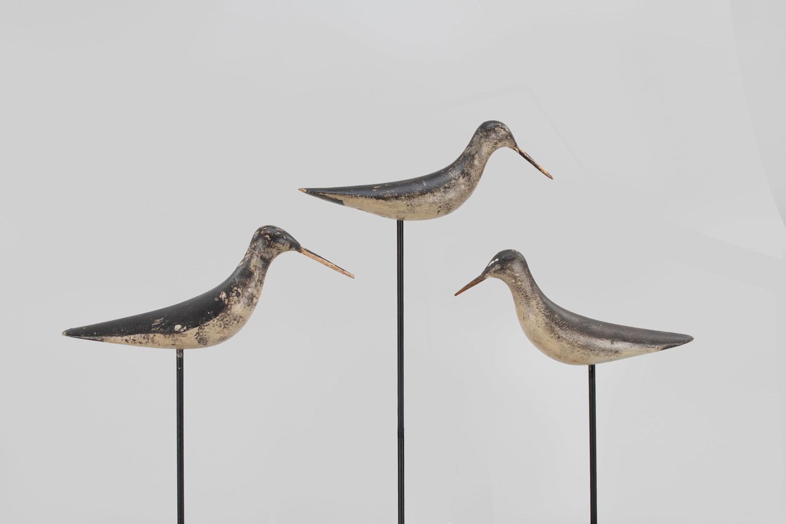 Banana Bird Trio: Banana Bird Trio Massachusetts, c. 1890 9 in. long A rig of sandpipers by an unknown, but easily recognized, decoy maker. One has Joe French Collection marks. Original paint with even gunning wear,