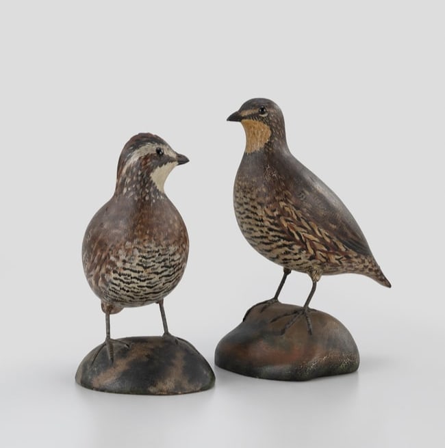 The du Mont Bobwhite Quail Pair by A. Elmer Crowell (1862-1952): The du Mont Bobwhite Quail Pair A. Elmer Crowell (1862-1952) East Harwich, MA, c. 1912 8 1/4 in tall. This pair hails from the distinguished du Mont Collection of early Elmer Crowell carvings. The