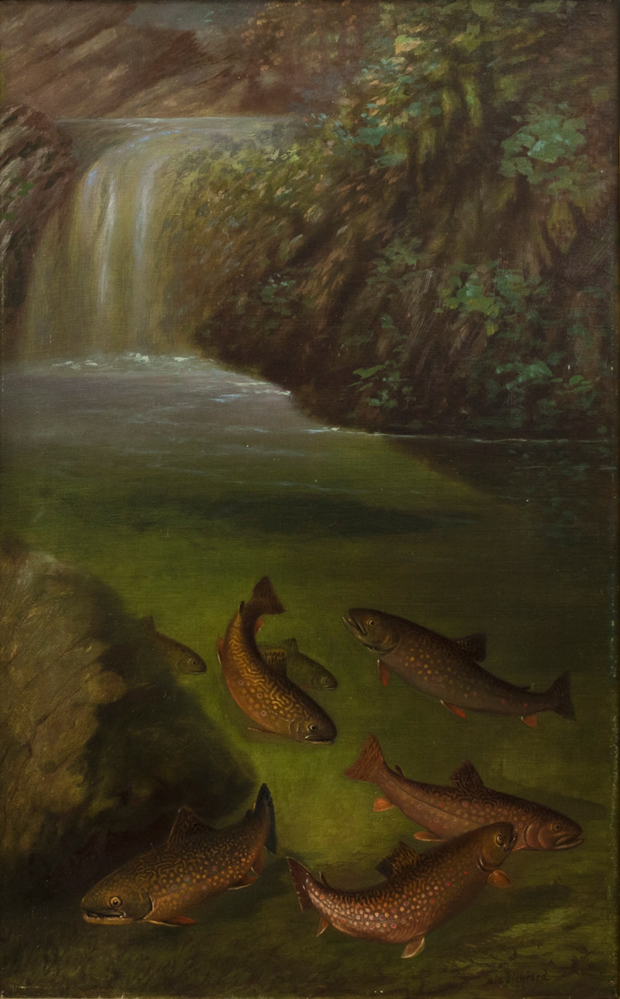 Sid Bickford (1862-1947), Trout Pool: Sid Bickford (1862-1947) Trout Pool signed "Sid Bickford" lower right oil on canvas, 36 by 22 in. This large, early, and exceptional American painting depicts live trout underwater. The vast majority 