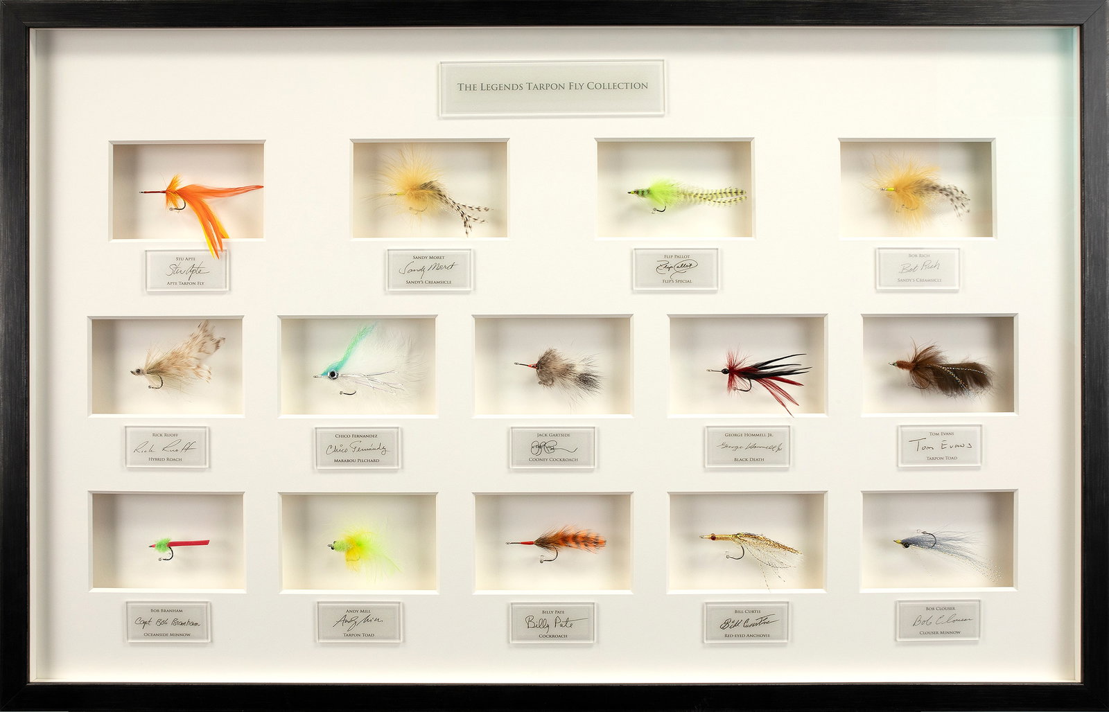 The Legends Collection Grand Slam: The Legends Collection Grand Slam largest case is 25 1/2 by 39 in. Three cases of tarpon, bonefish, and permit flies framed by Yoshi Akiyama, former Deputy Director of the American Museum of Fly