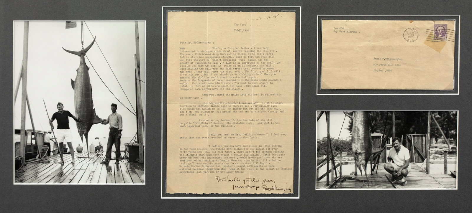 Ernest Hemingway Fishing Letter: Ernest Hemingway Fishing Letter February 11, 1936 signed "Ernest Hemingway" lower right letter is 10 1/2 by 7 1/4 in. "A club is as important as the gaff. As soon as you have the gaff in raise up on
