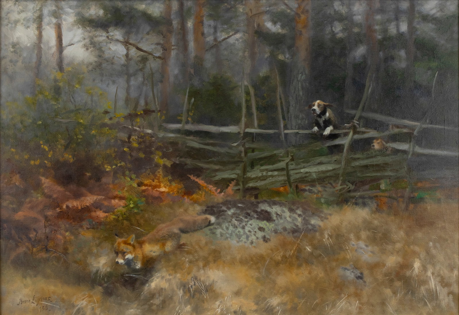 Bruno Andreas Liljefors (Swedish, 1860-1939), Fox and Hounds (1 of 4)