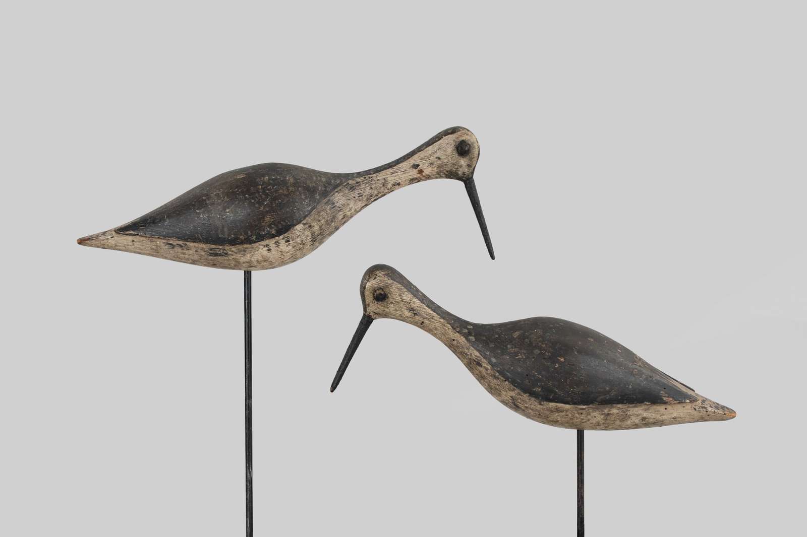Willet Pair by Charles W. Thomas (b. 1875): Willet Pair Charles W. Thomas (b. 1875) Assinippi, MA, c. 1900 14 in. long A rigmate pair with clean lines and raised wings. Original paint with gunning wear and black overpaint to bills and eyes. Pro
