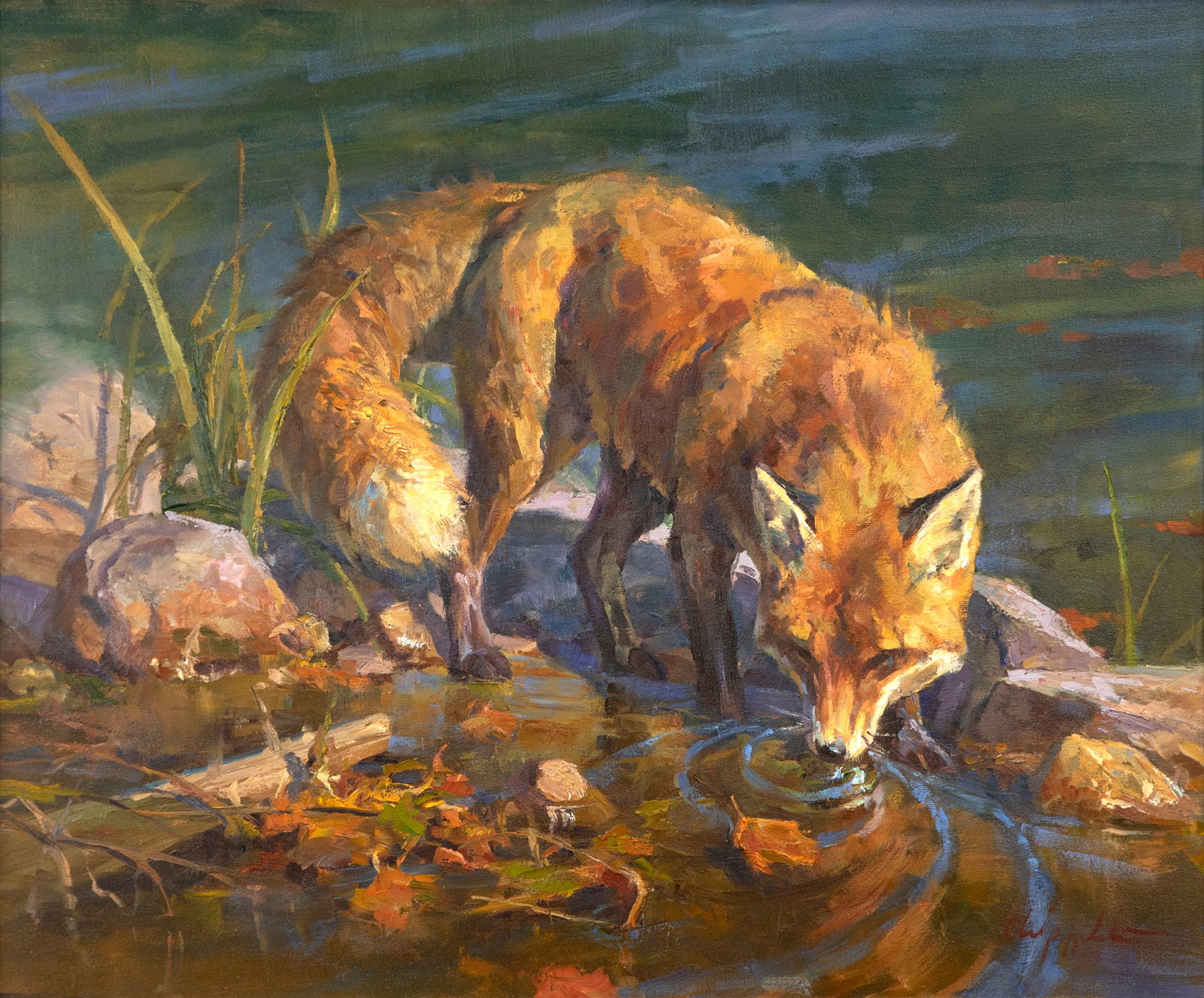Chad Poppleton (b. 1976), Autumn Refreshment: Chad Poppleton (b. 1976) Autumn Refreshment signed "Chad Poppleton" lower right oil on canvas, 24 by 20 in. Chad Poppleton is a Utah-based wildlife artist, rancher, and sportsman who studied fine art 