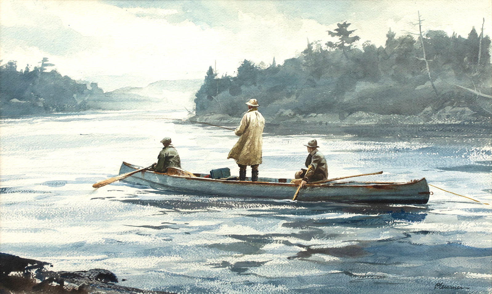 Ogden M. Pleissner (1905-1983), Fishing the Restigouche: Ogden M. Pleissner (1905-1983) Fishing the Restigouche signed "Pleissner" lower left watercolor, 17 1/4 by 27 1/2 in. Soldier's Gulch Pool on the Restigouche River A letter from the artist accompanies