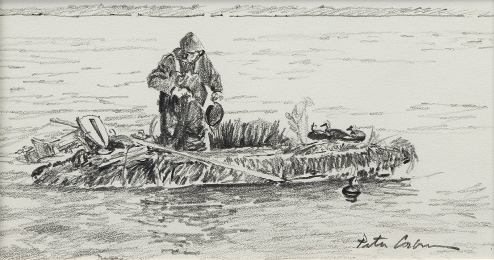 Peter Corbin (b. 1945), Sketch of Bud Ward Duck Hunting (1 of 3)
