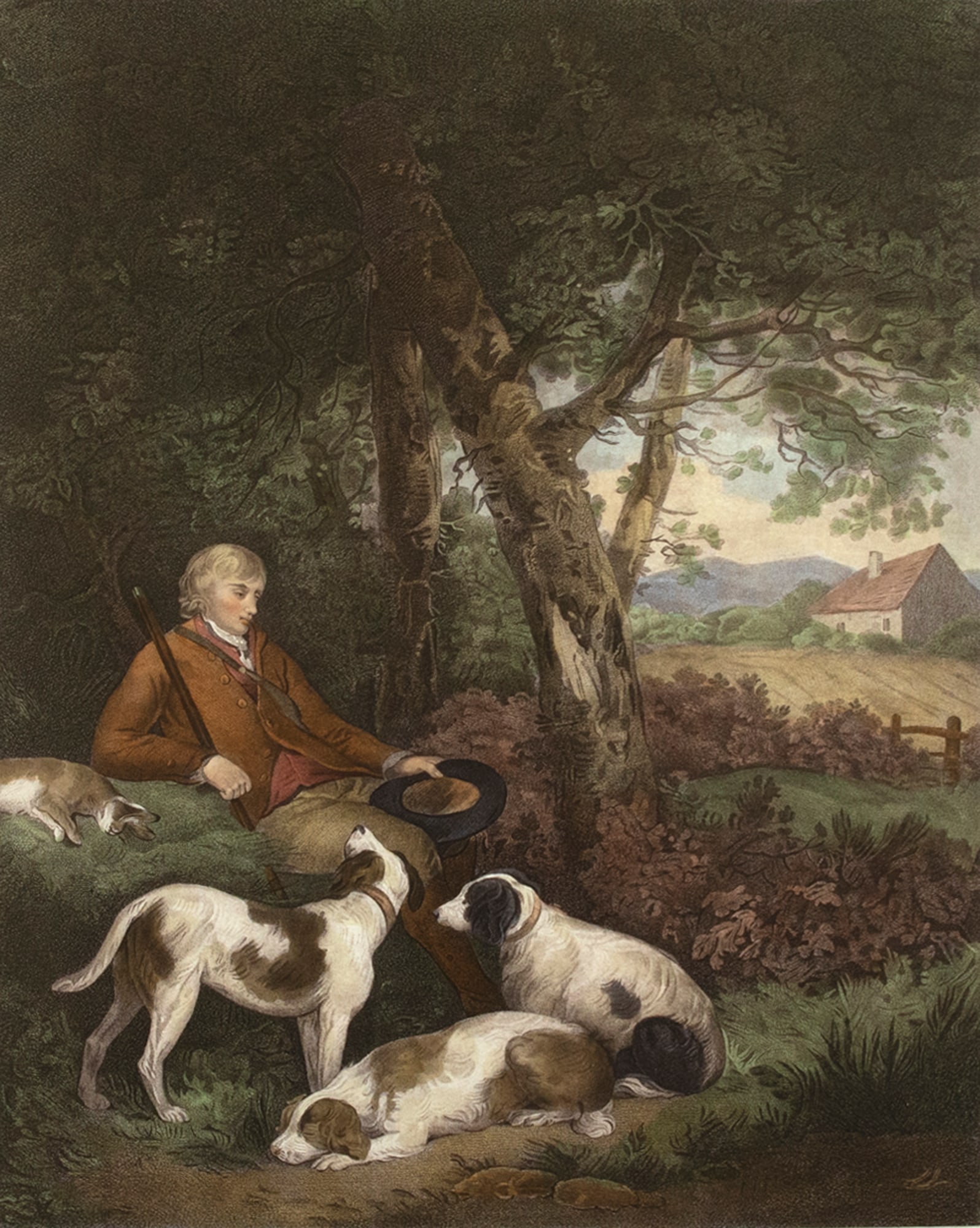 H. Macklin (18th-19th Century), The Weary Sportsman: H. Macklin (18th-19th Century) The Weary Sportsman print, 20 by 15 in. printed "G. Morland, pinxt" lower left and "W Bond Sculpt" lower right printed "From an original picture in the collection of