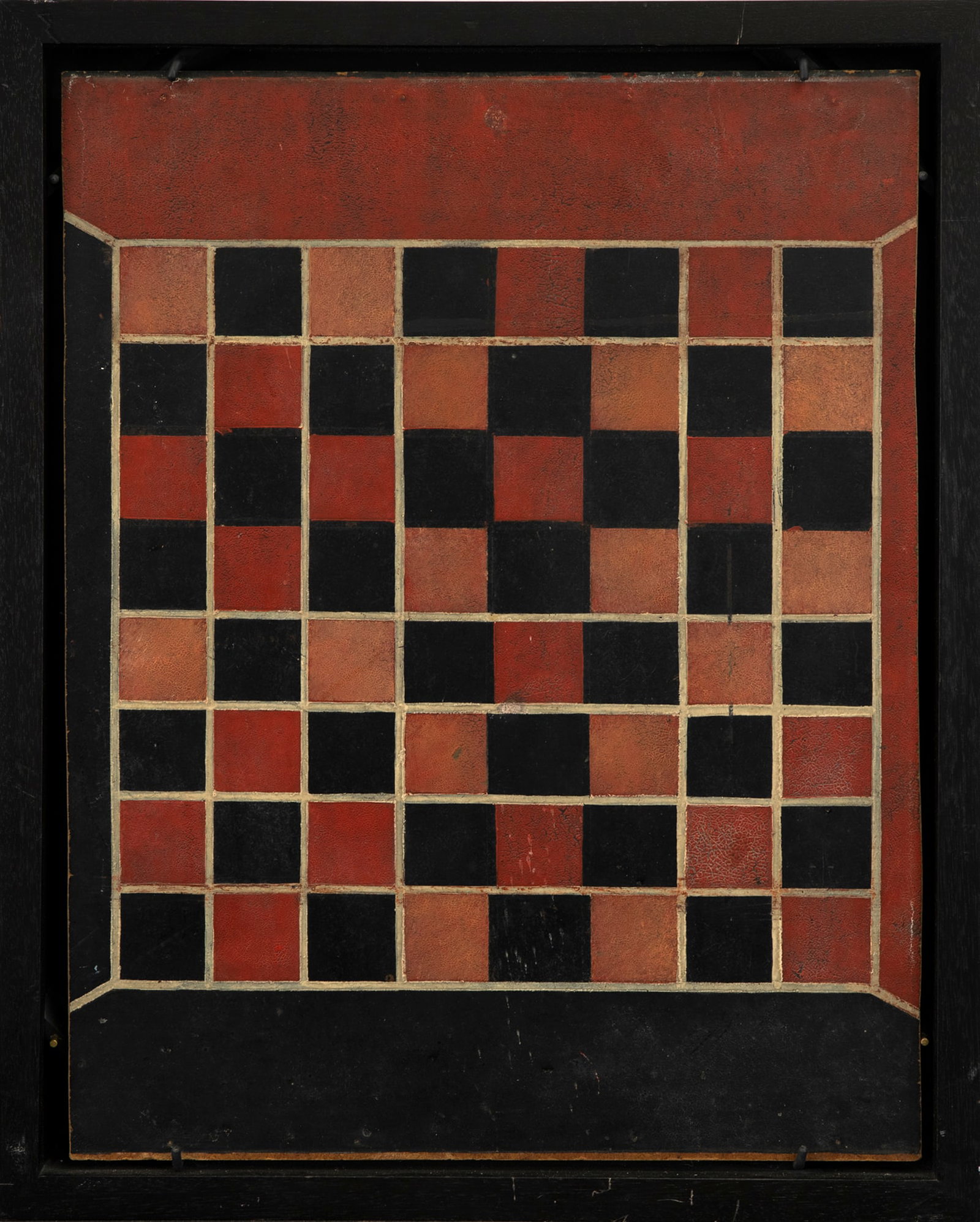 Geometric Checkers Board: Geometric Checkers Board 17 3/4 by 13 1/2 in. framed, 19 3/4 by 15 1/2 in. An appealing checkers board patterned with red, black, and pink squares separated by white lines. These white lines are not