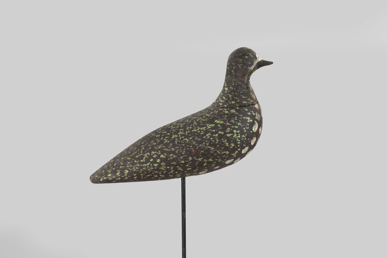 Golden Plover by Coffin Family: Golden Plover Coffin Family Nantucket, MA, c. 1870 9 1/2 in. long A two-piece plover with vibrant green and white plumage. Original paint with light gunning wear and repair to bill tip. Literature: Jo
