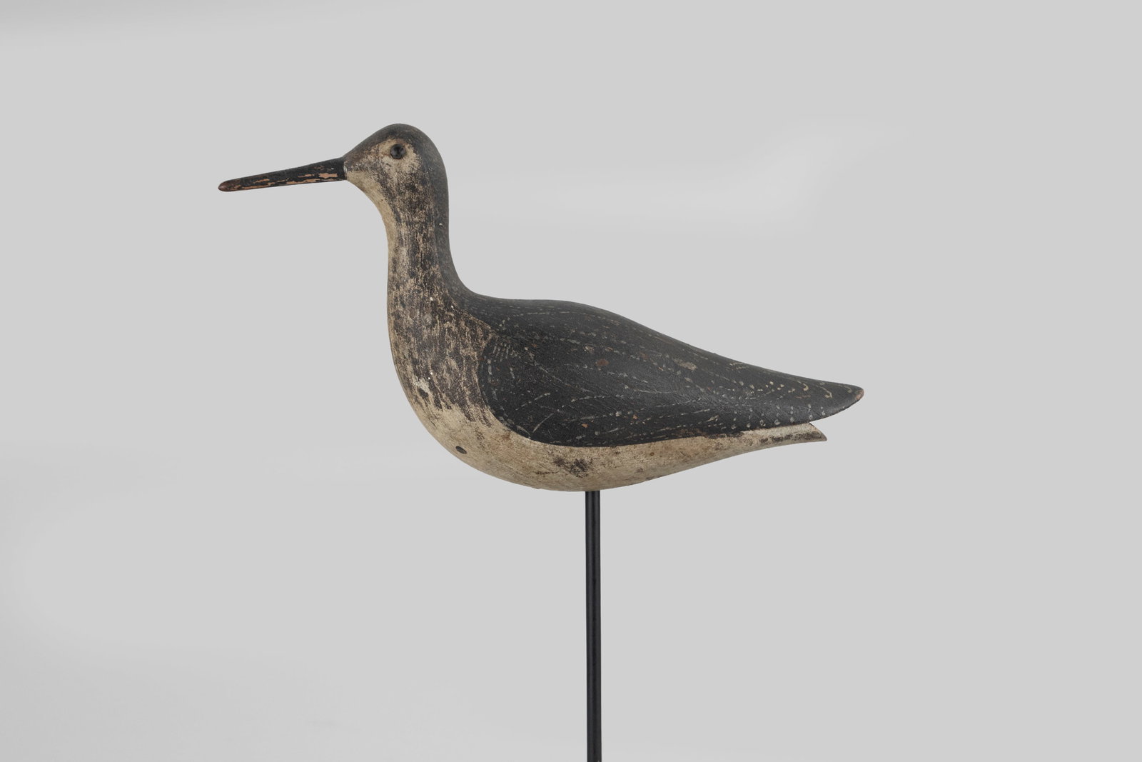 Hollow Yellowlegs: Hollow Yellowlegs Massachusetts, c. 1880 11 in. long Outstanding and rare hollow yellowlegs with beautiful feathering reminiscent of stitching or needlepoint. Vertical body seam construction, and two