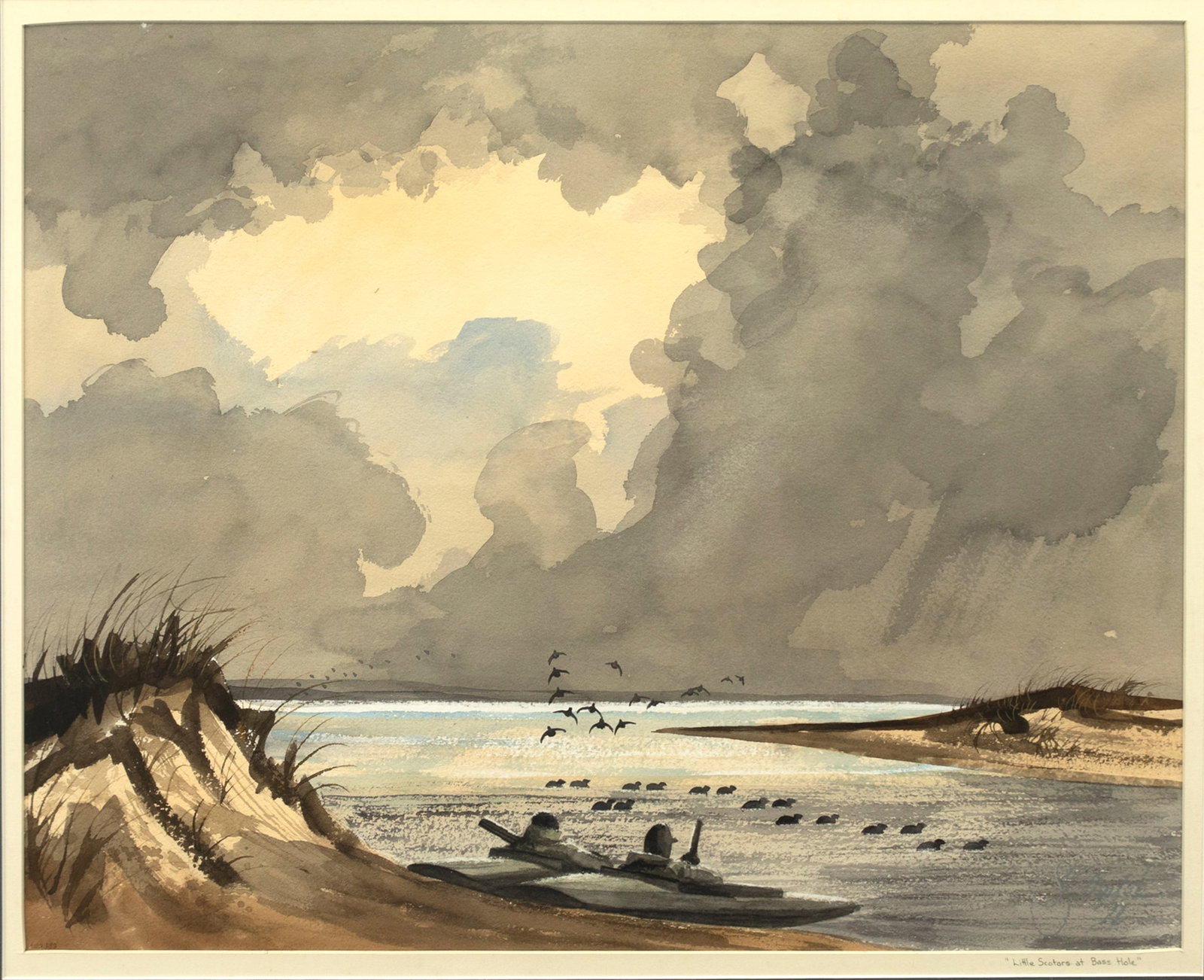 S. J. Mulak (20th Century), Little Scoters at Bass Hole: S. J. Mulak (20th Century) Little Scoters at Bass Hole, 1971 signed and dated "S.J. Mulak 71" lower right watercolor, 20 by 24 1/2 in. titled on mat lower right Two sea-duck hunters sit in their beach